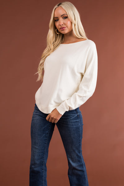 Ivory Ribbed Trim Super Soft Light Sweater