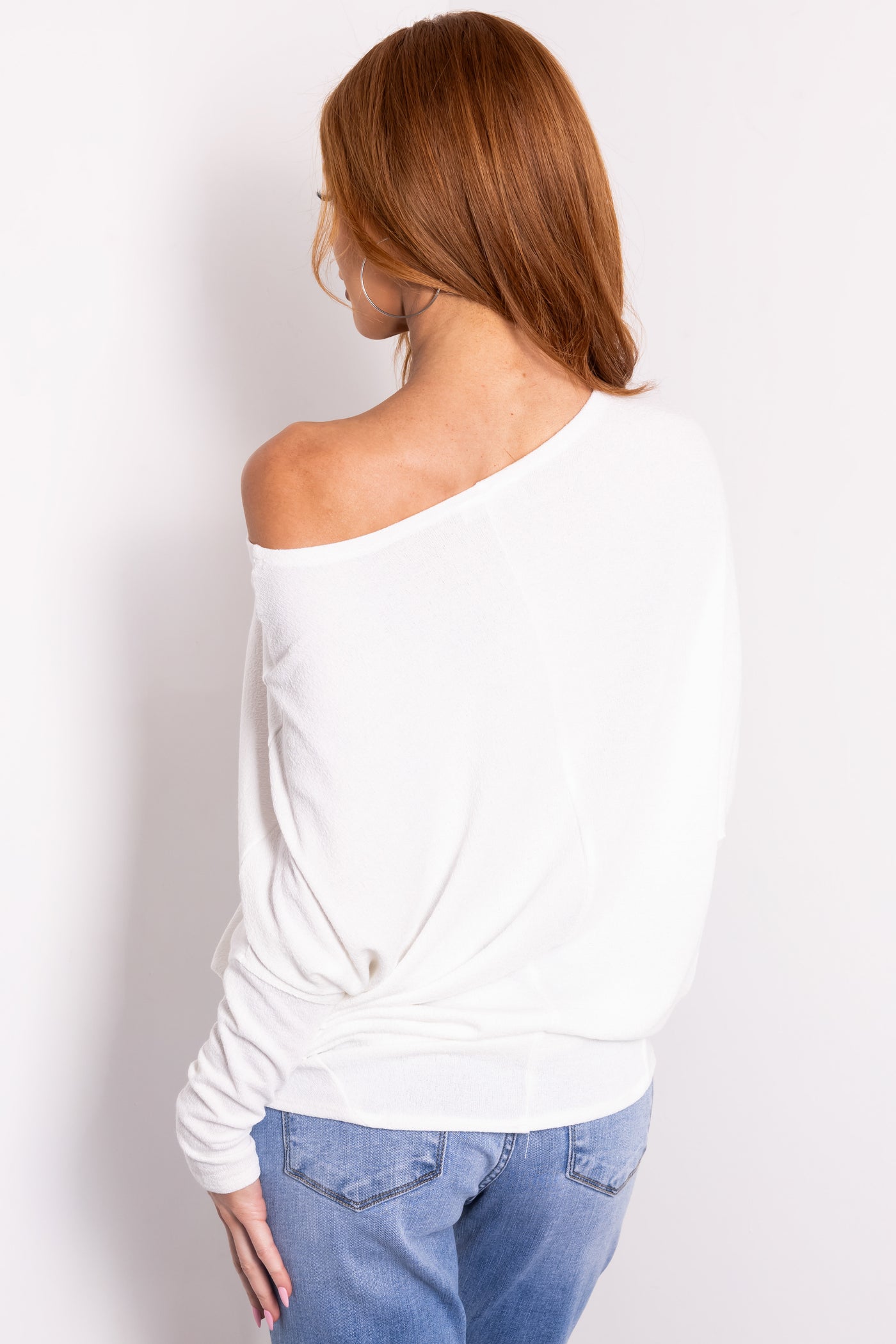 Ivory Round Neck Knit Top with Long Dolman Sleeves