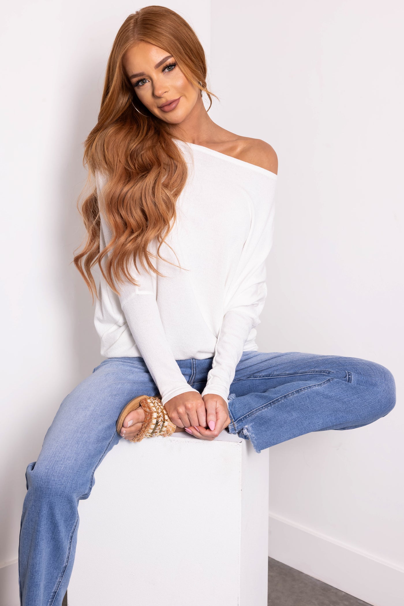 Ivory Round Neck Knit Top with Long Dolman Sleeves
