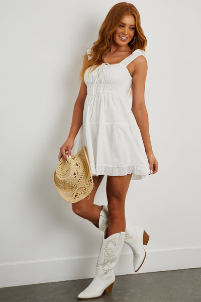 Ivory Ruched Bust Sleeveless Ruffle Hem Dress