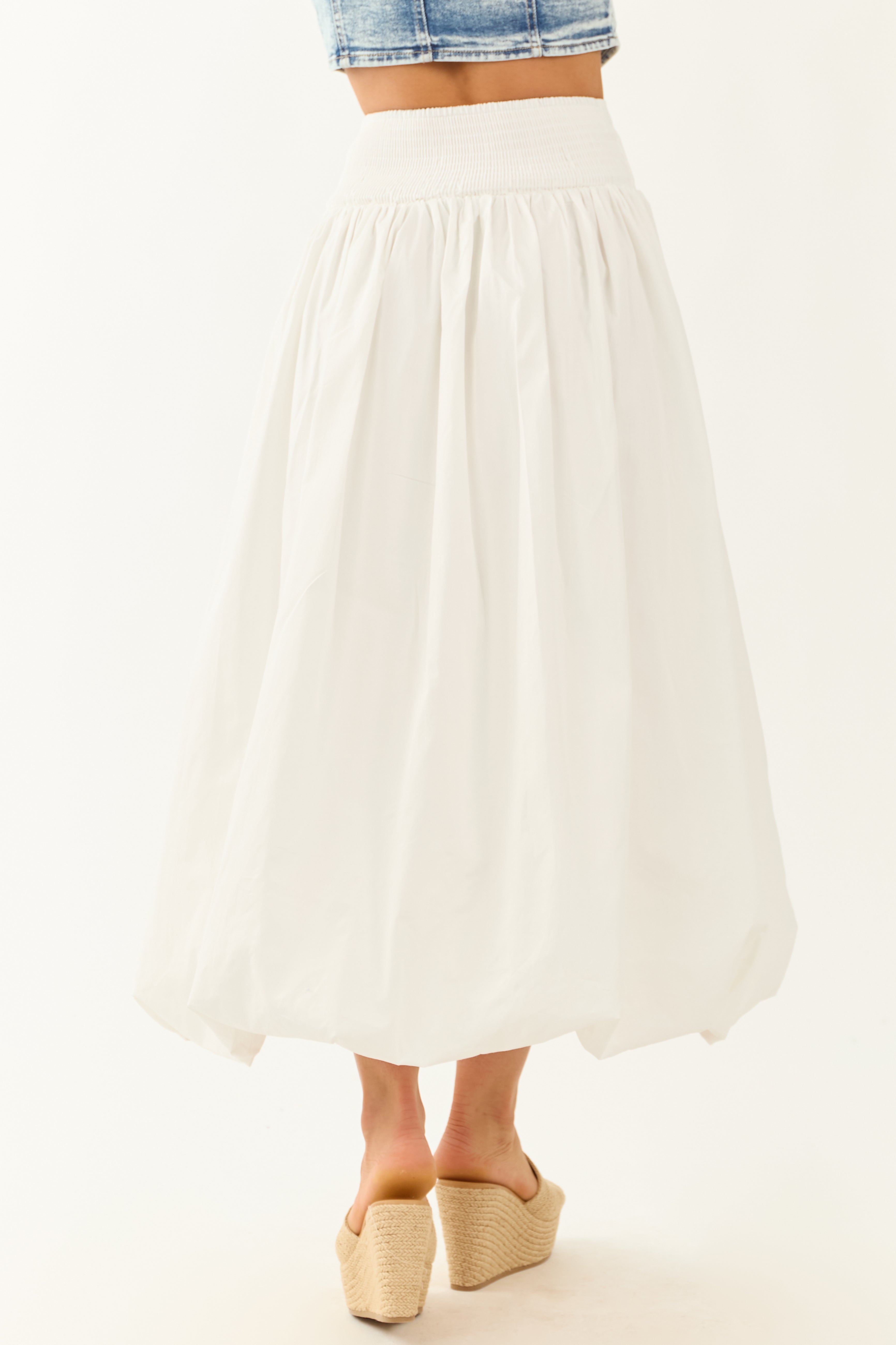 White Poplin Smocked Waist Bubble Hem Maxi Skirt