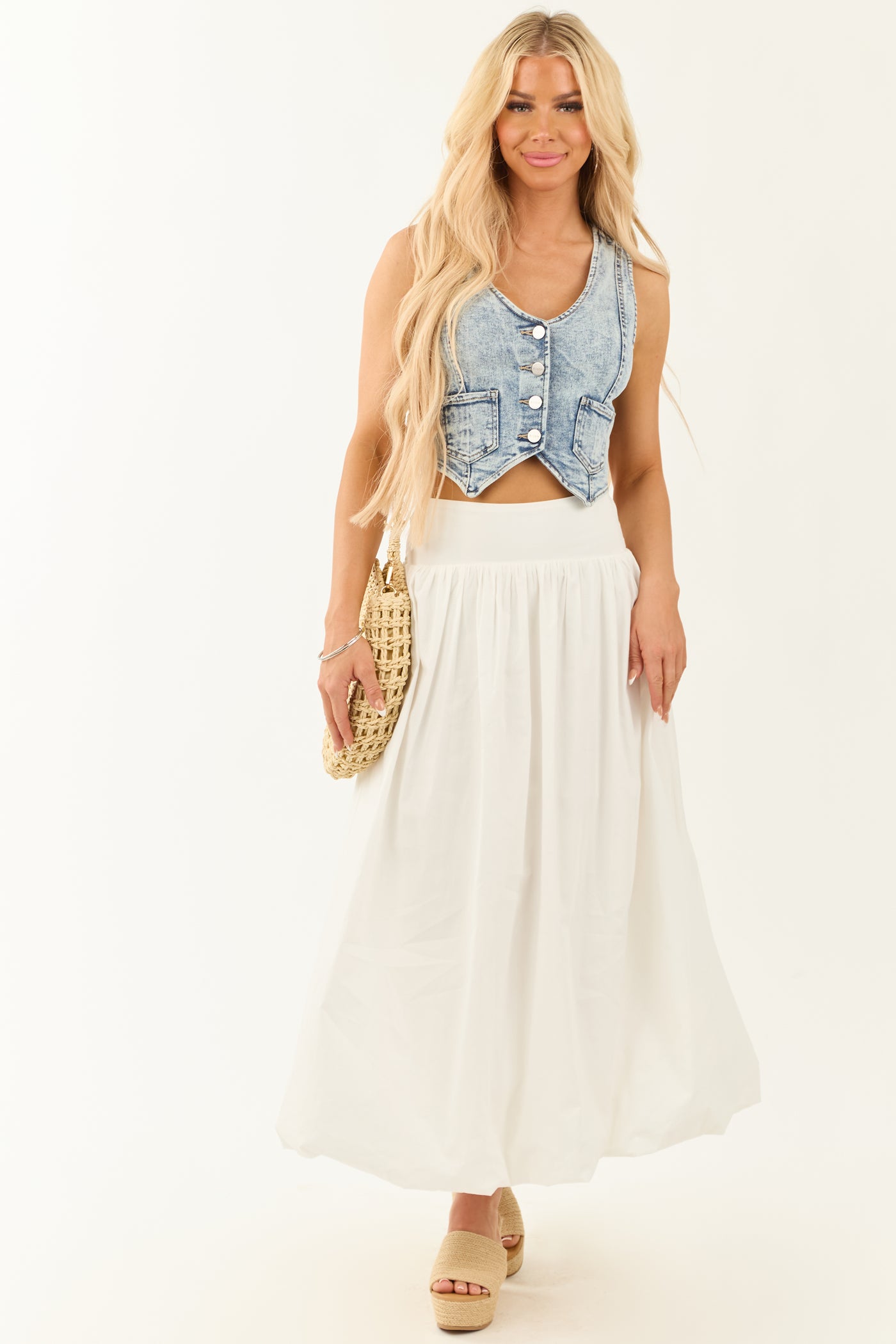 White Poplin Smocked Waist Bubble Hem Maxi Skirt