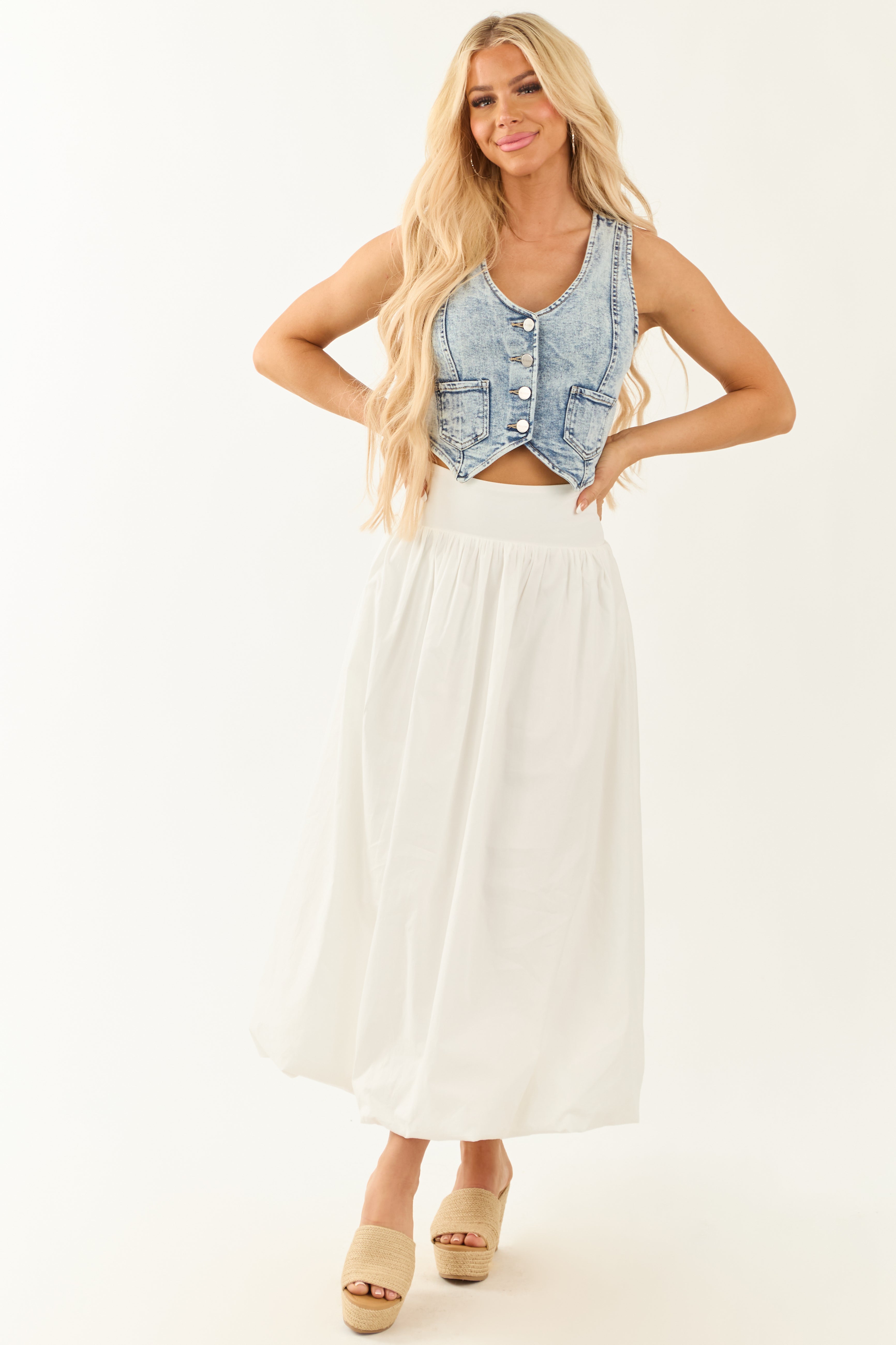 White Poplin Smocked Waist Bubble Hem Maxi Skirt