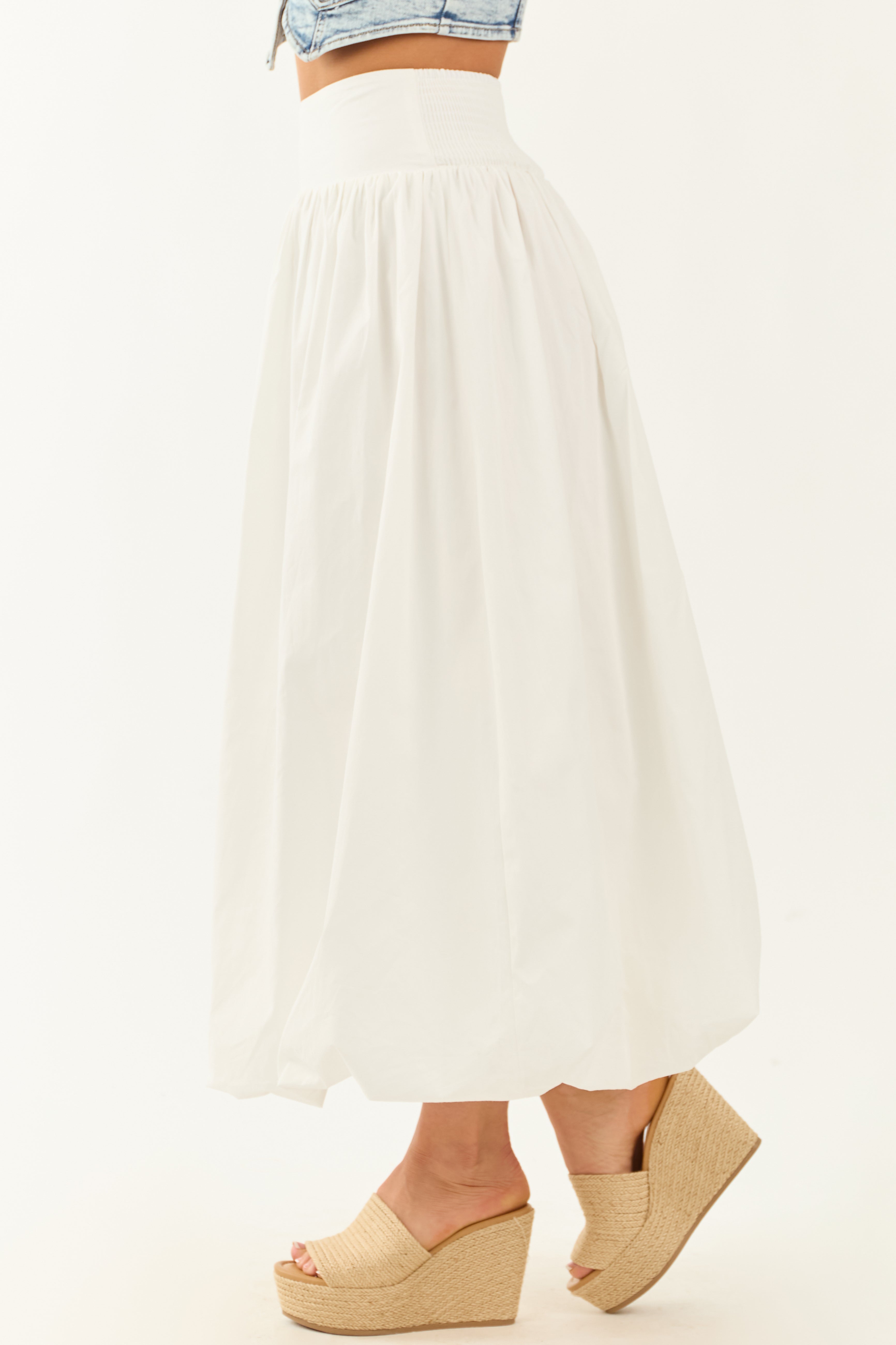 White Poplin Smocked Waist Bubble Hem Maxi Skirt