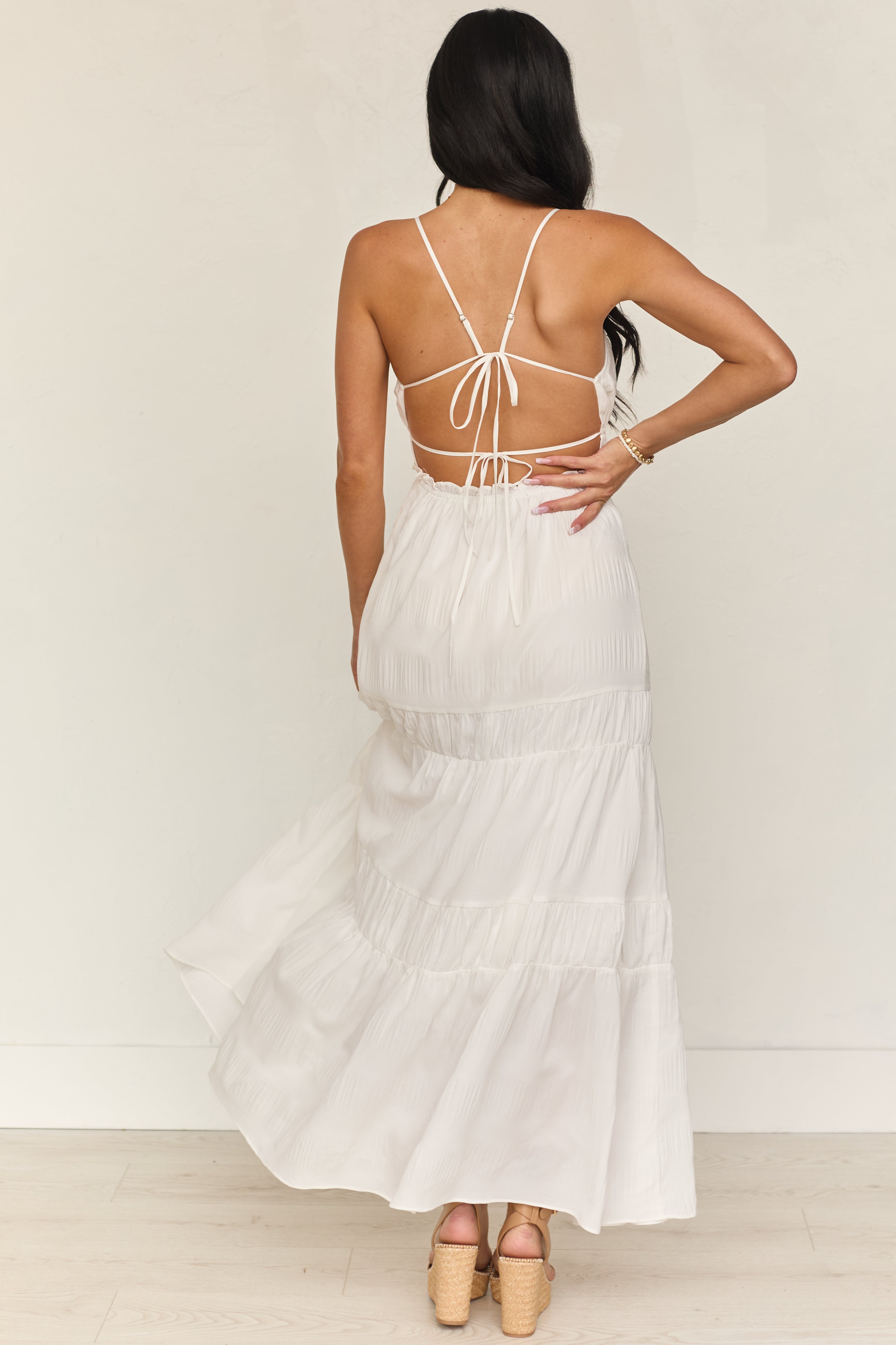 Ivory Ruched Tiered Sleeveless Maxi Dress