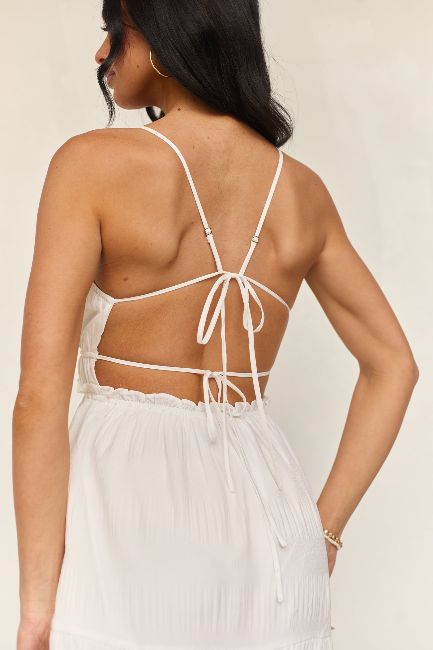 Ivory Ruched Tiered Sleeveless Maxi Dress