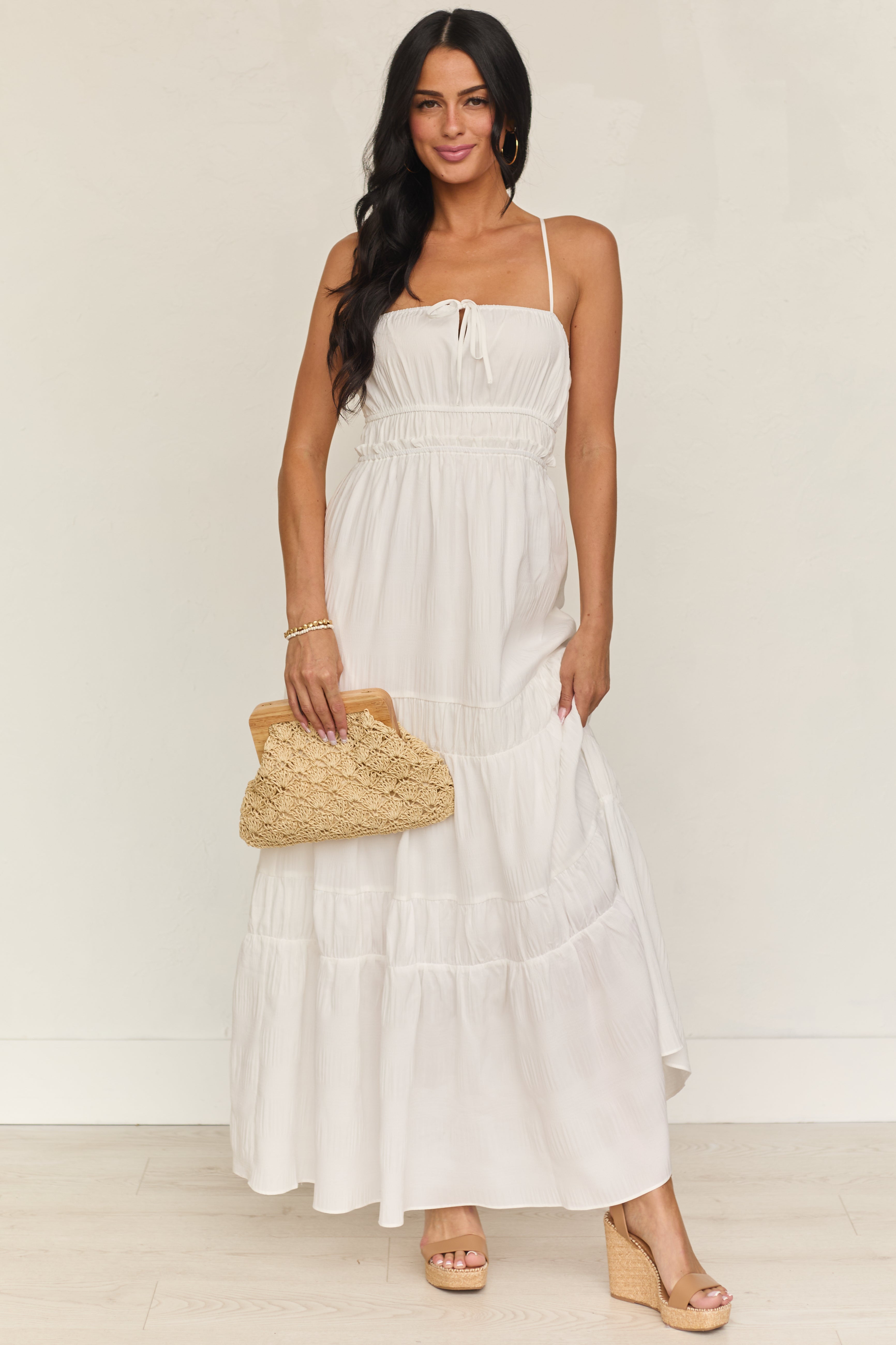 Ivory Ruched Tiered Sleeveless Maxi Dress