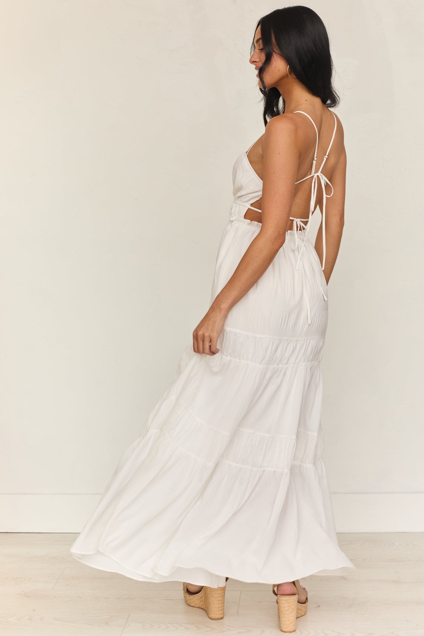 Ivory Ruched Tiered Sleeveless Maxi Dress