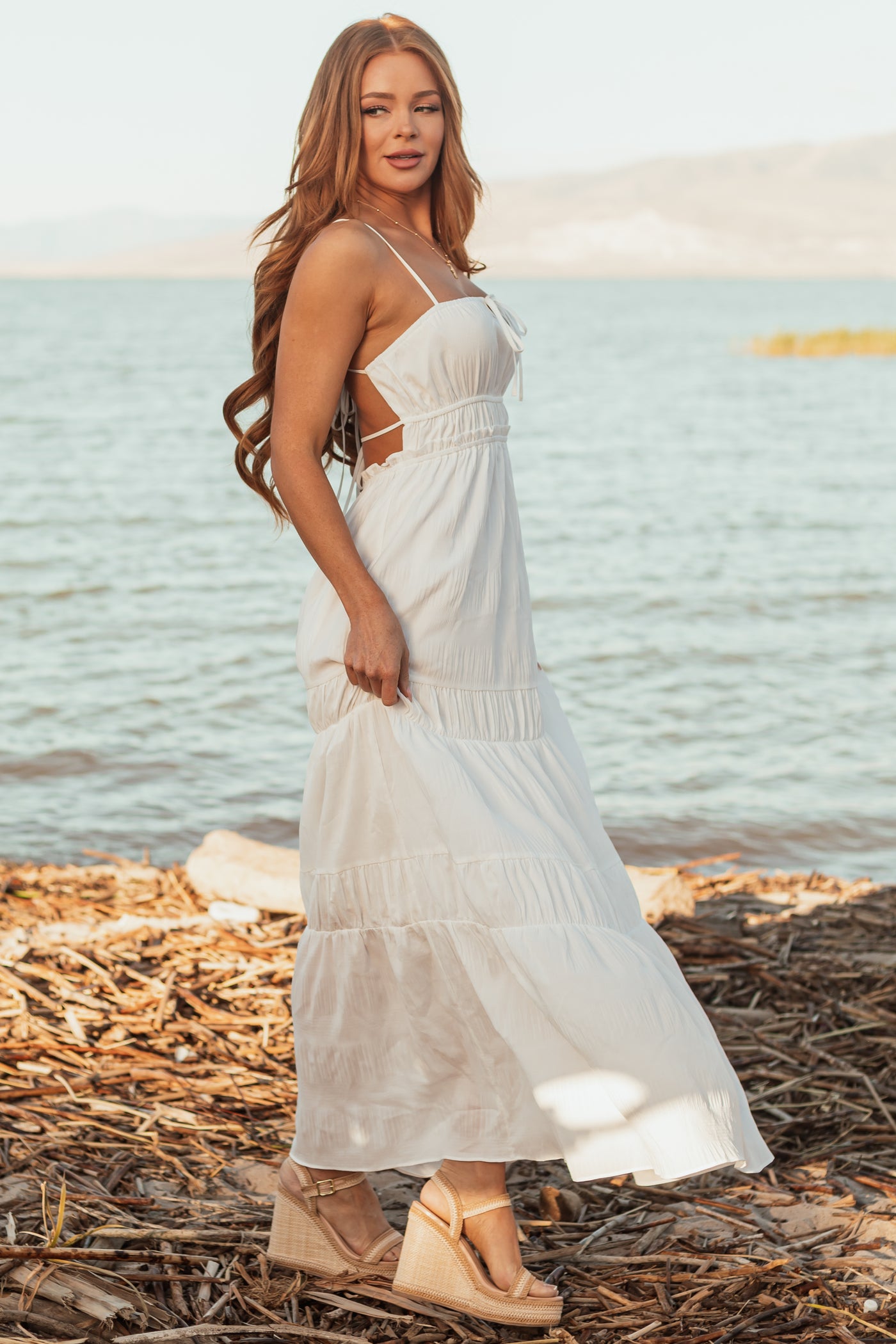 Ivory Ruched Tiered Sleeveless Maxi Dress