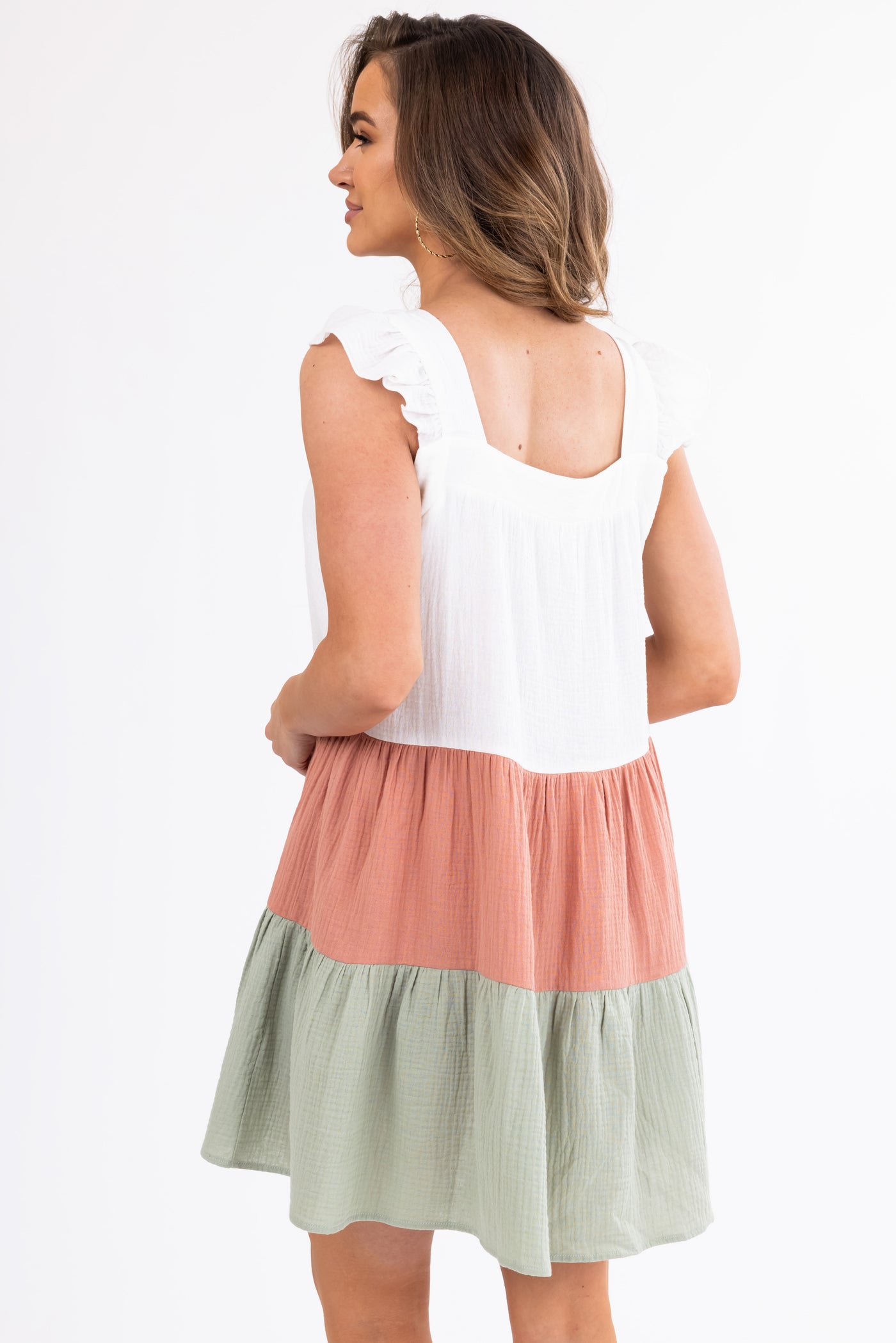 Ivory Ruffle Sleeve Colorblock Short Dress