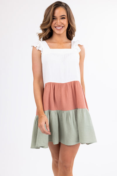 Ivory Ruffle Sleeve Colorblock Short Dress