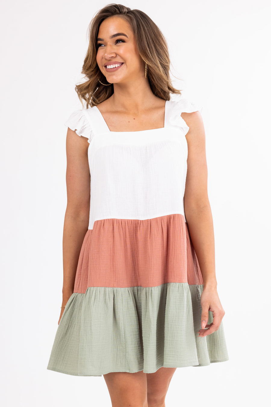 Ivory Ruffle Sleeve Colorblock Short Dress