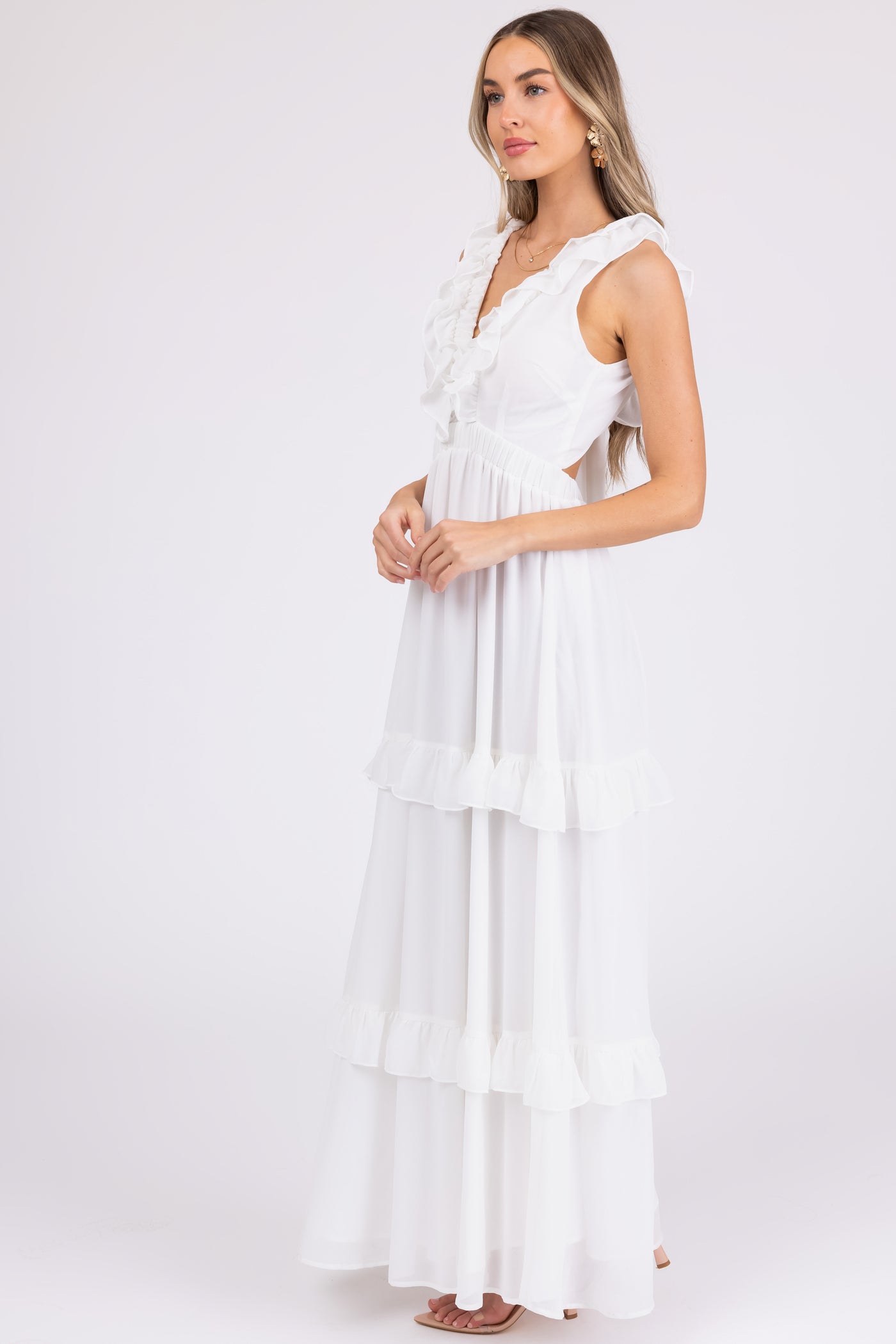 Ivory Ruffle Tiered Sleeveless Maxi Dress