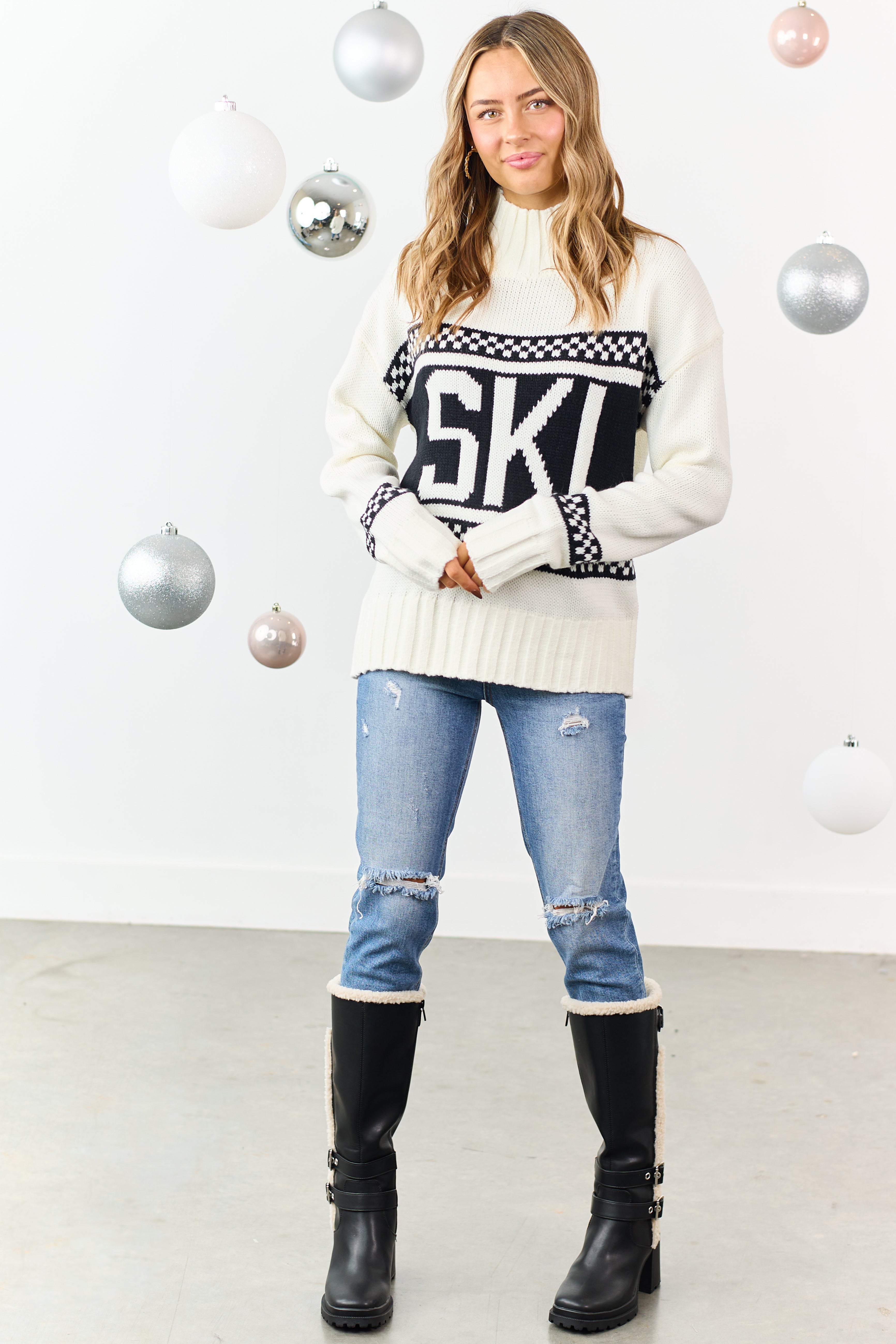 Ivory 'SKI' Graphic Heavyweight Knit Relaxed Sweater