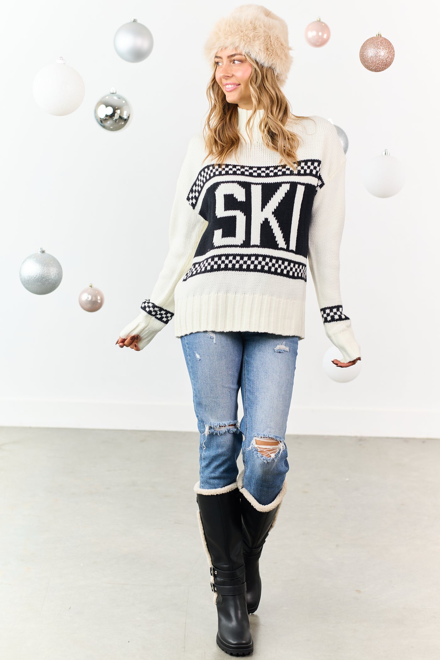 Ivory 'SKI' Graphic Heavyweight Knit Relaxed Sweater