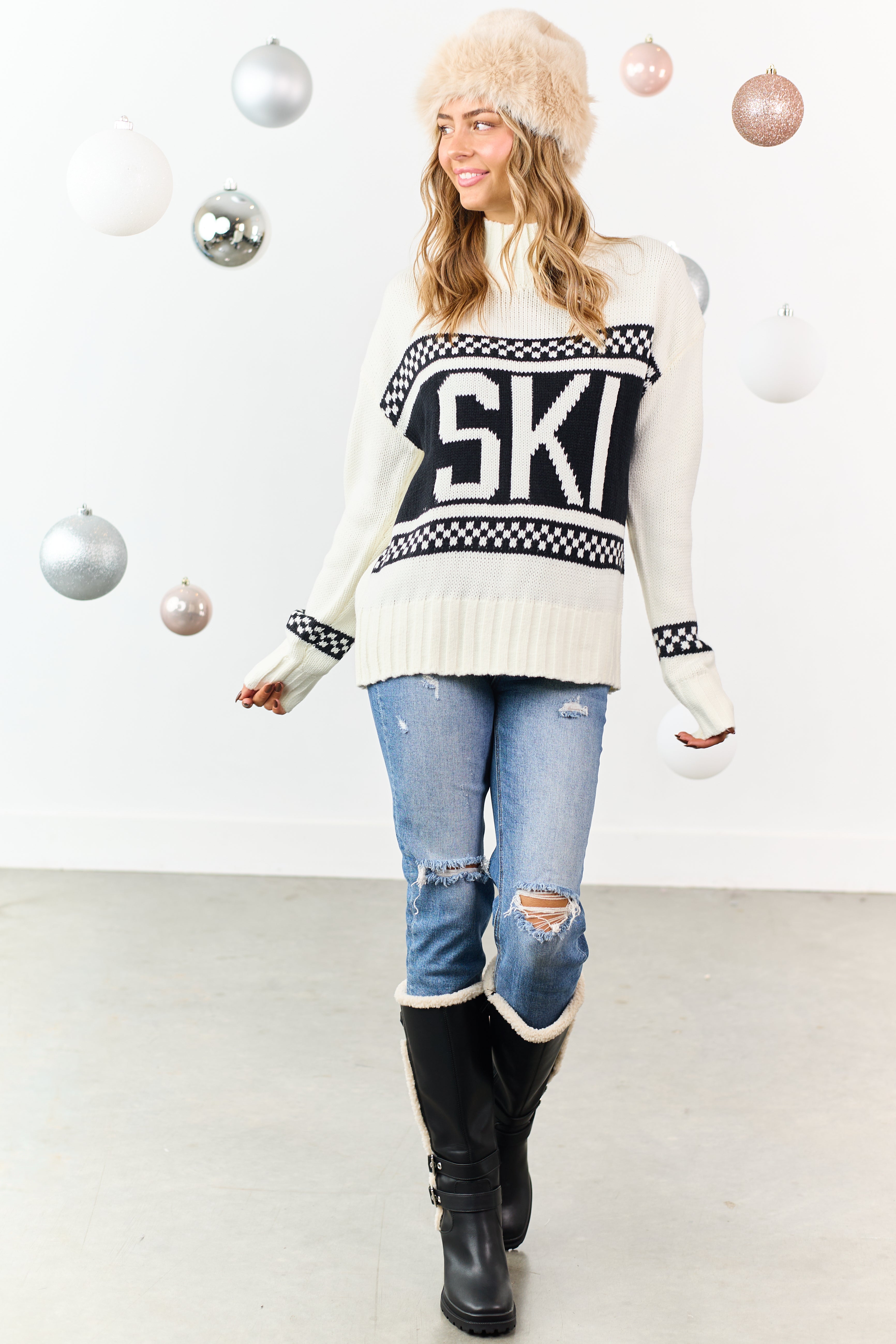 Ivory 'SKI' Graphic Heavyweight Knit Relaxed Sweater