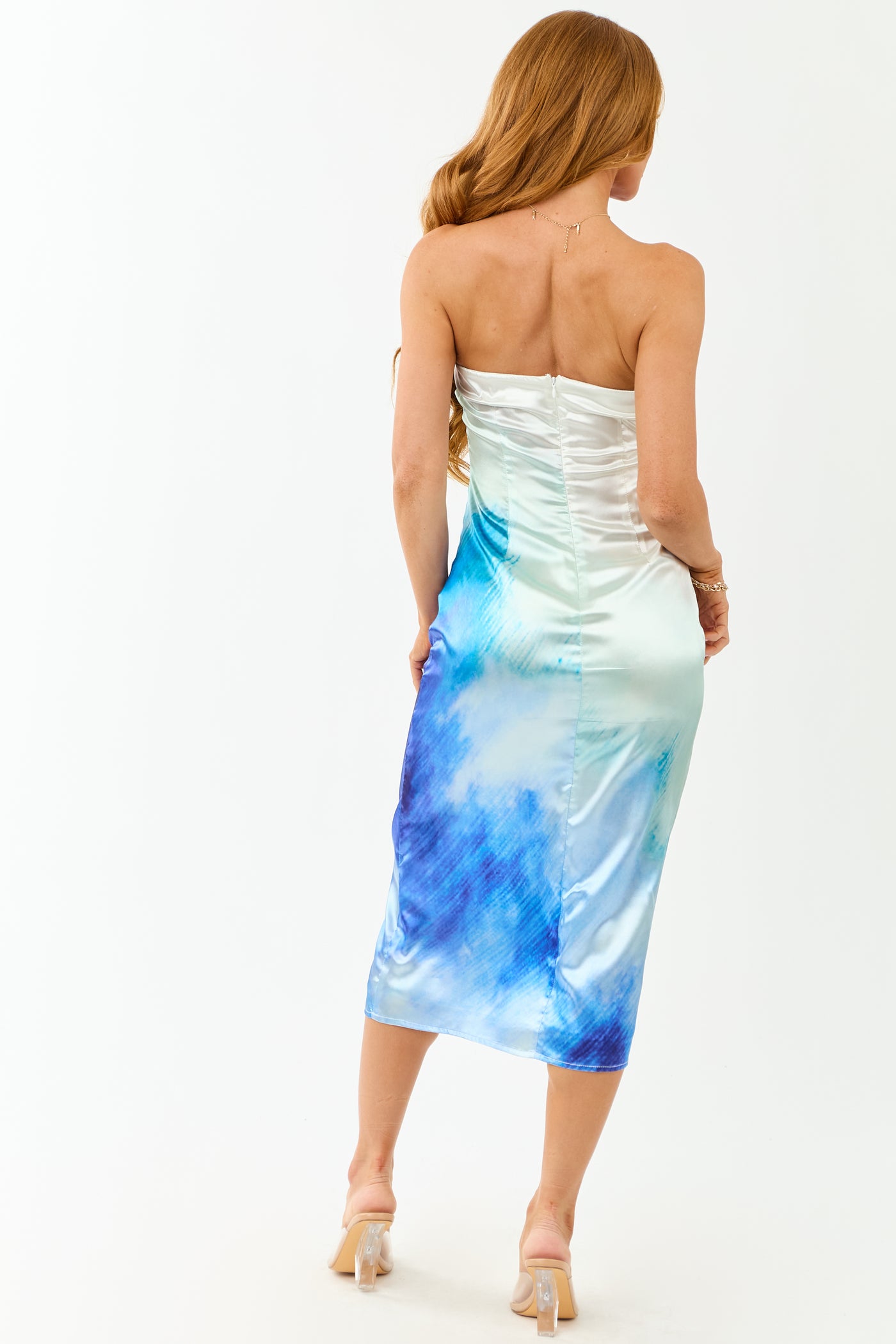 Ivory Satin Ombre Straight Neck Strapless Midi Dress Ivory Satin Ombre Straight Neck Strapless Midi Dress