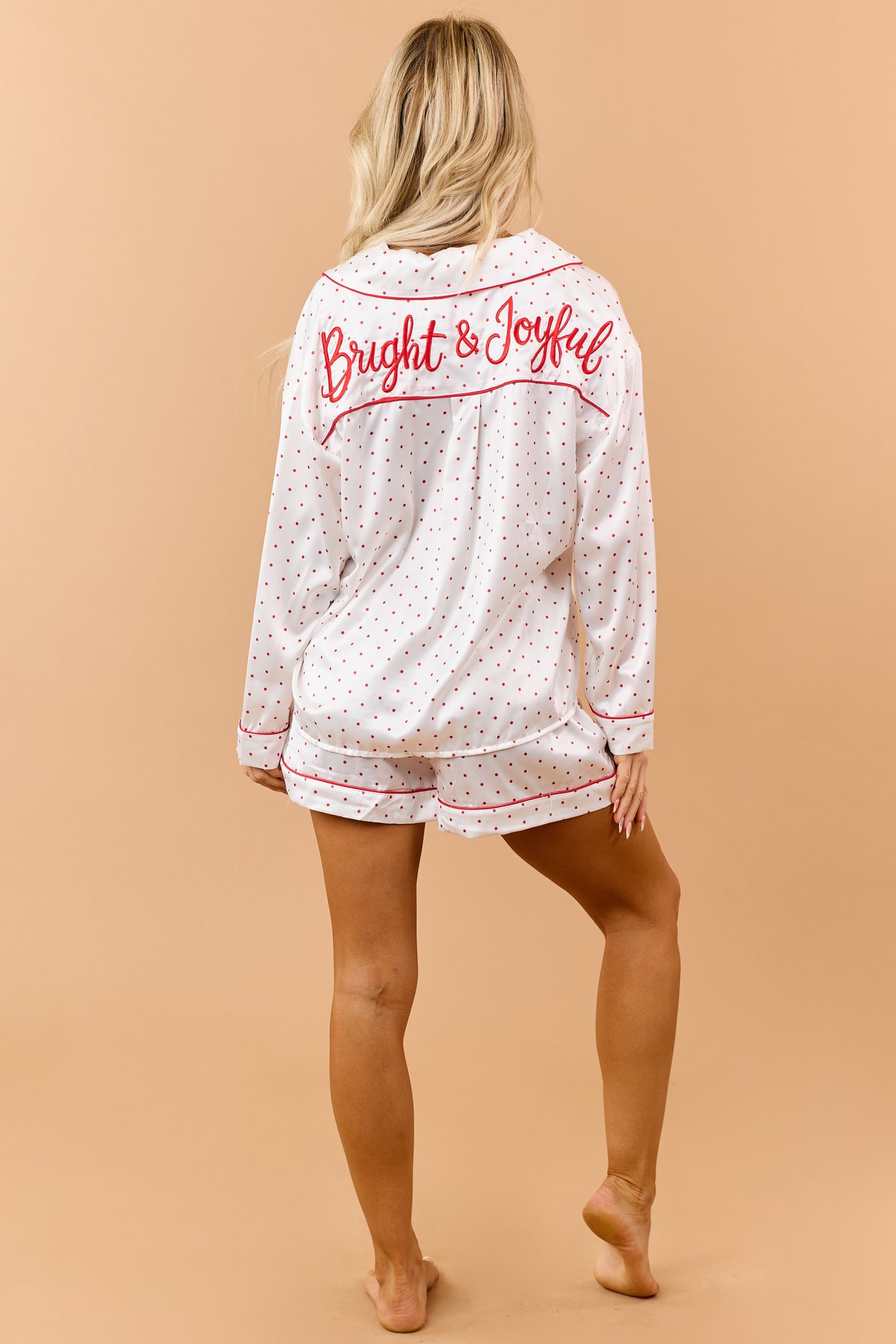 Ivory Satin Polka Dot Pajama Top and Shorts PJ Set