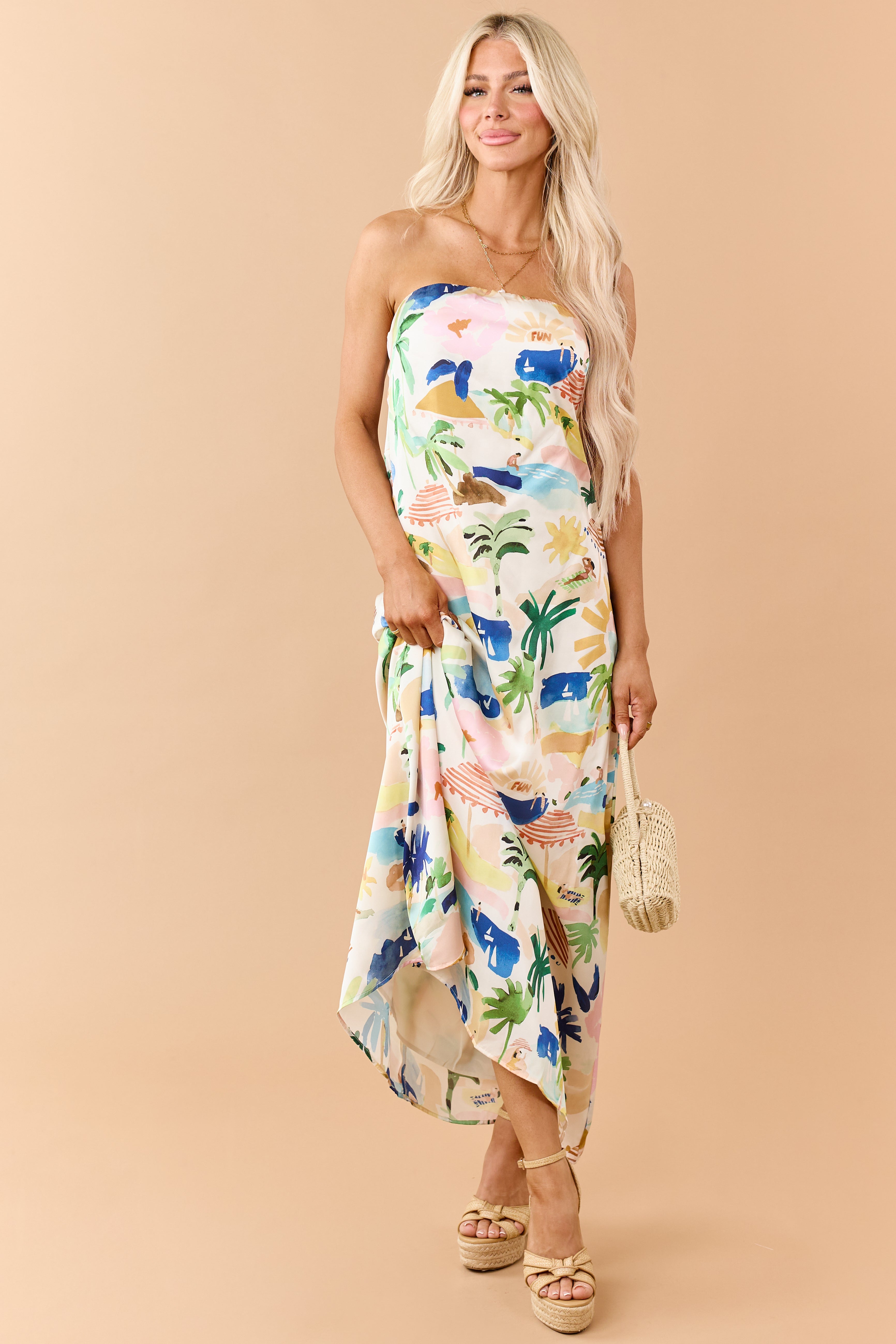 Ivory Satin Vacation Print Strapless Maxi Dress Ivory Satin Vacation Print Strapless Maxi Dress