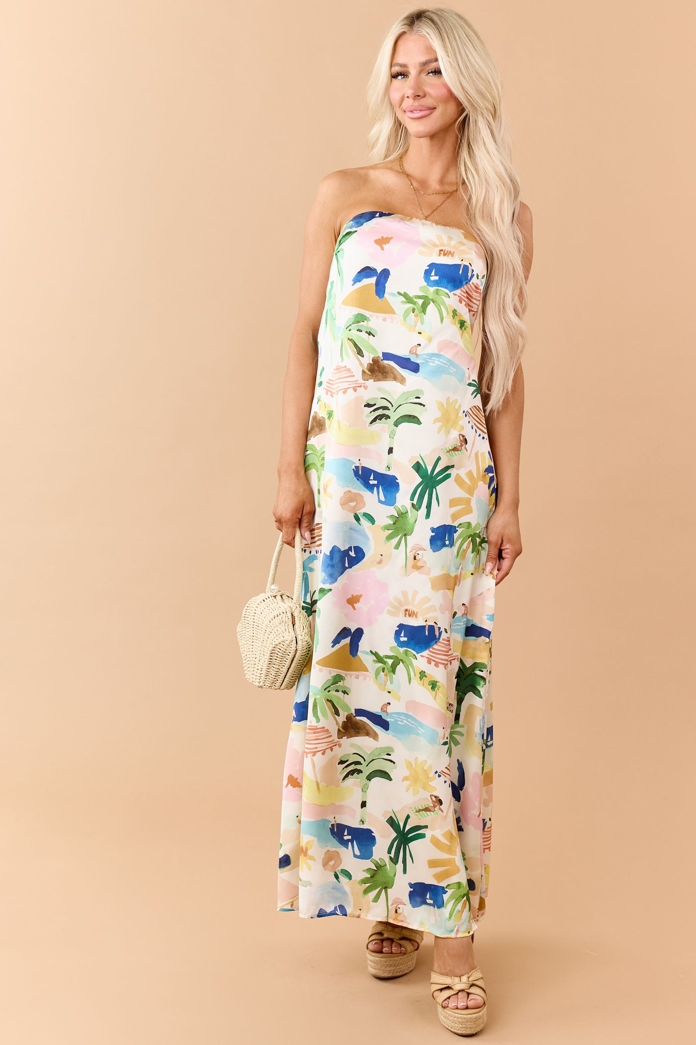 fun maxi dress Ivory Satin Vacation Print Strapless Maxi Dress