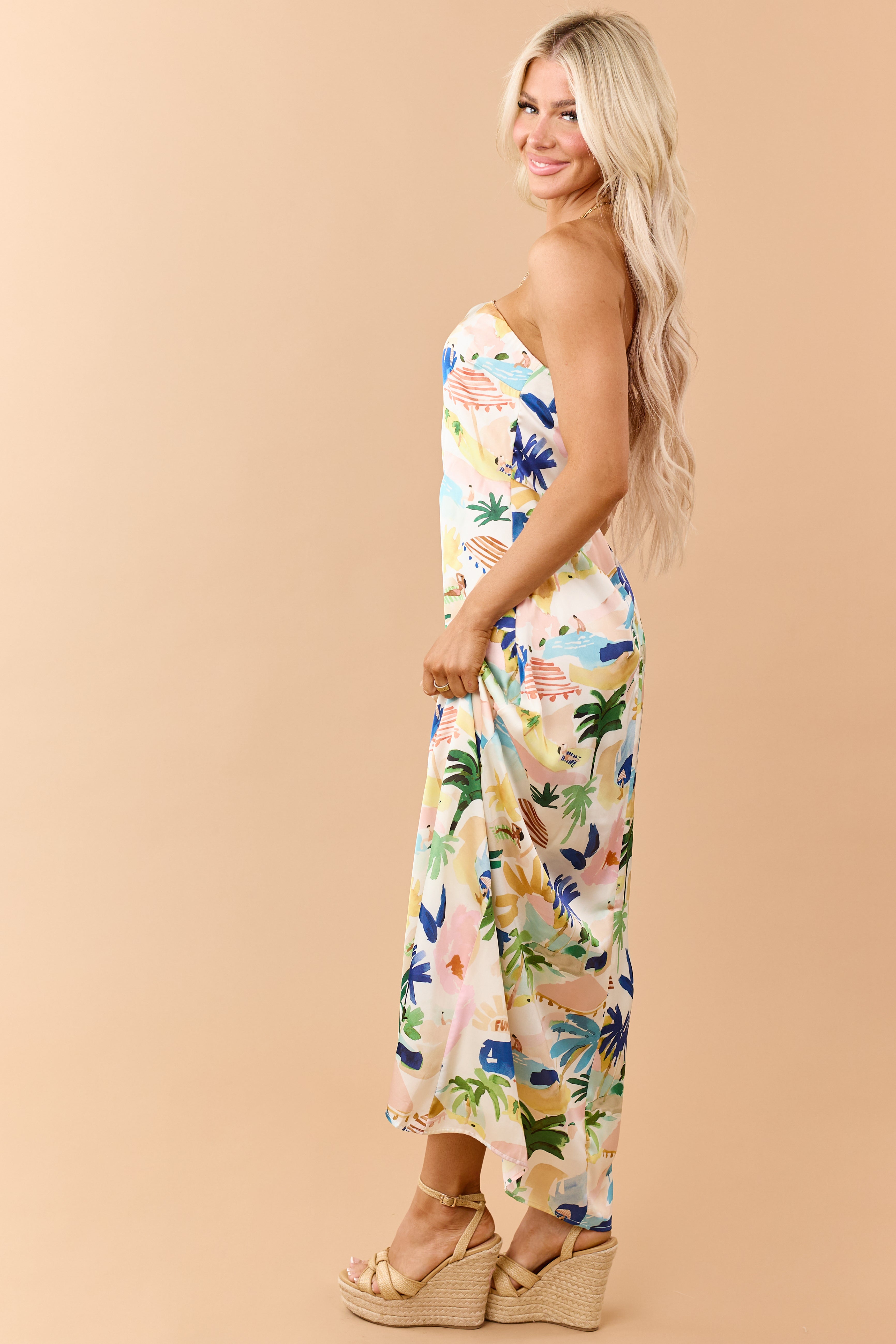 maxi dress for vacation women Ivory Satin Vacation Print Strapless Maxi Dress