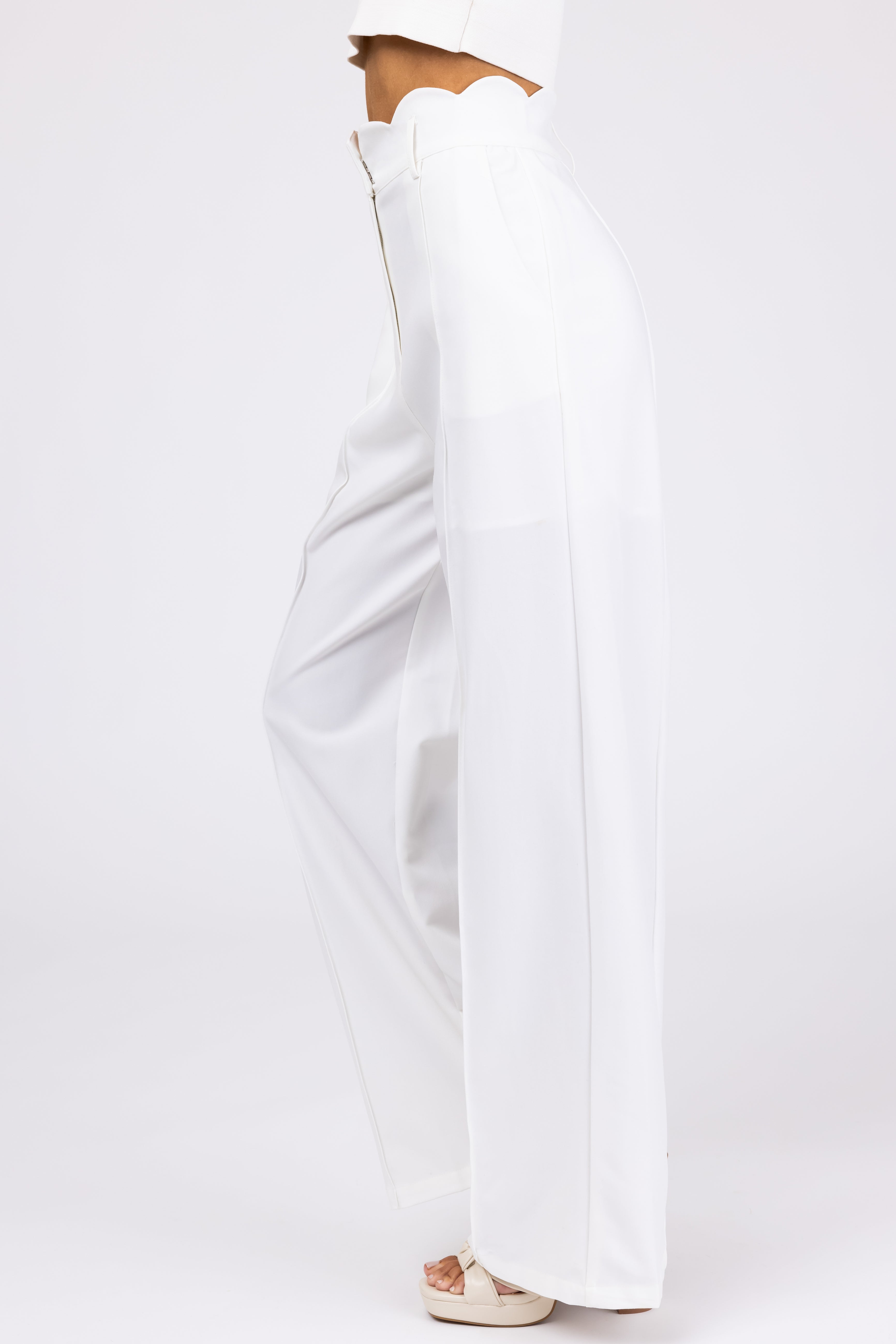 Ivory Scallop Waist Straight Leg Pants