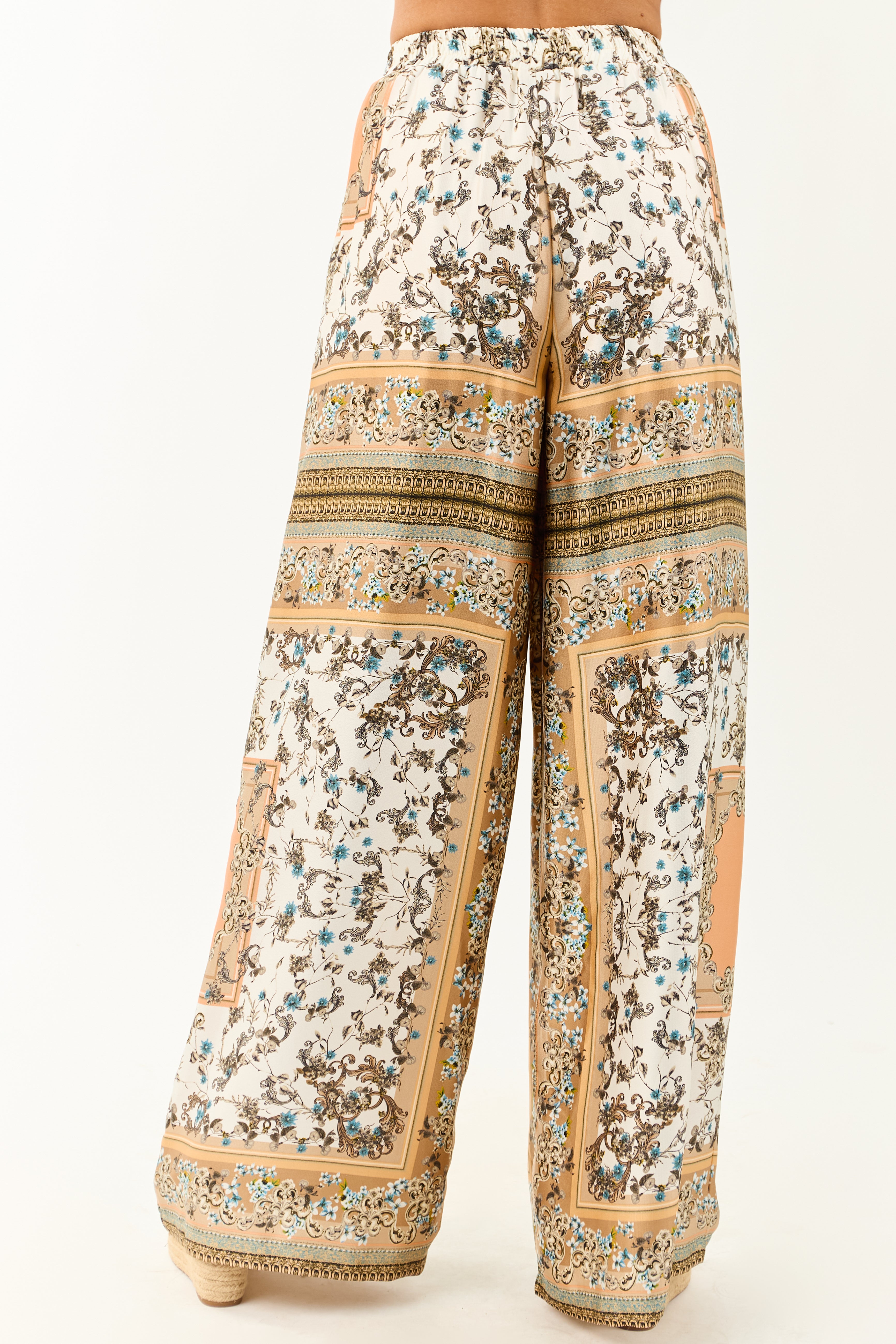 Ivory Scarf Print Satin Flowy Wide Leg Pants
