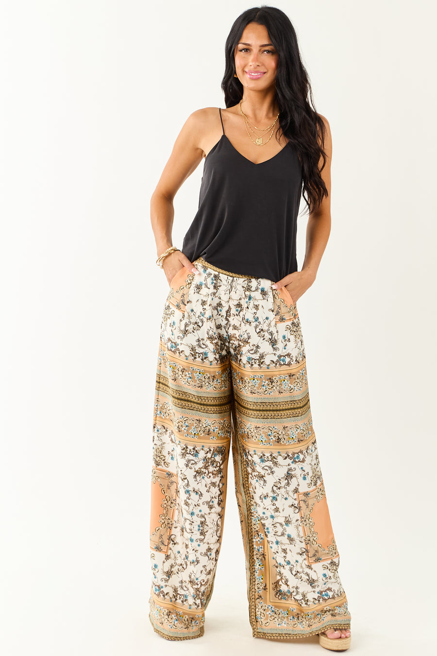 Ivory Scarf Print Satin Flowy Wide Leg Pants