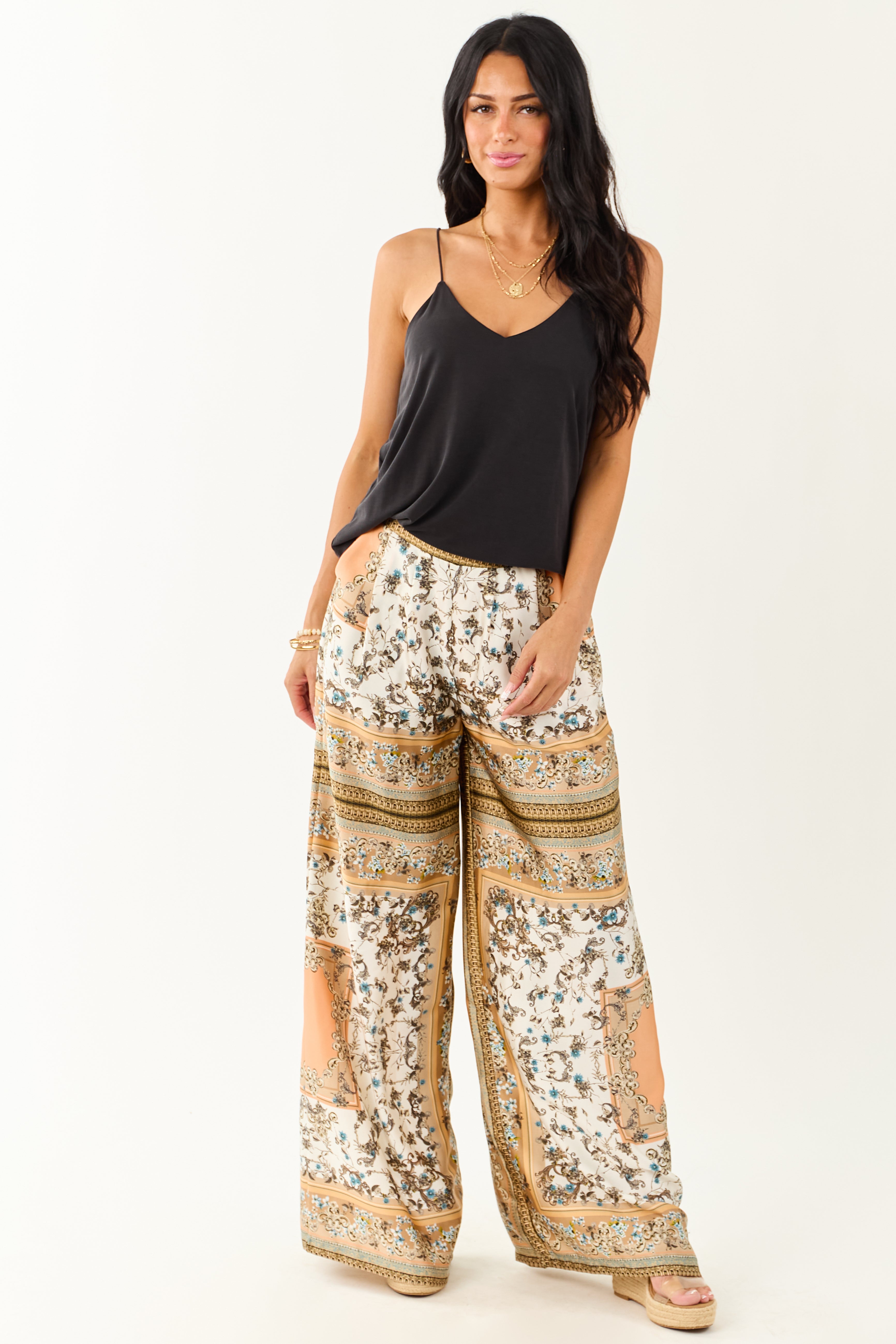 Ivory Scarf Print Satin Flowy Wide Leg Pants