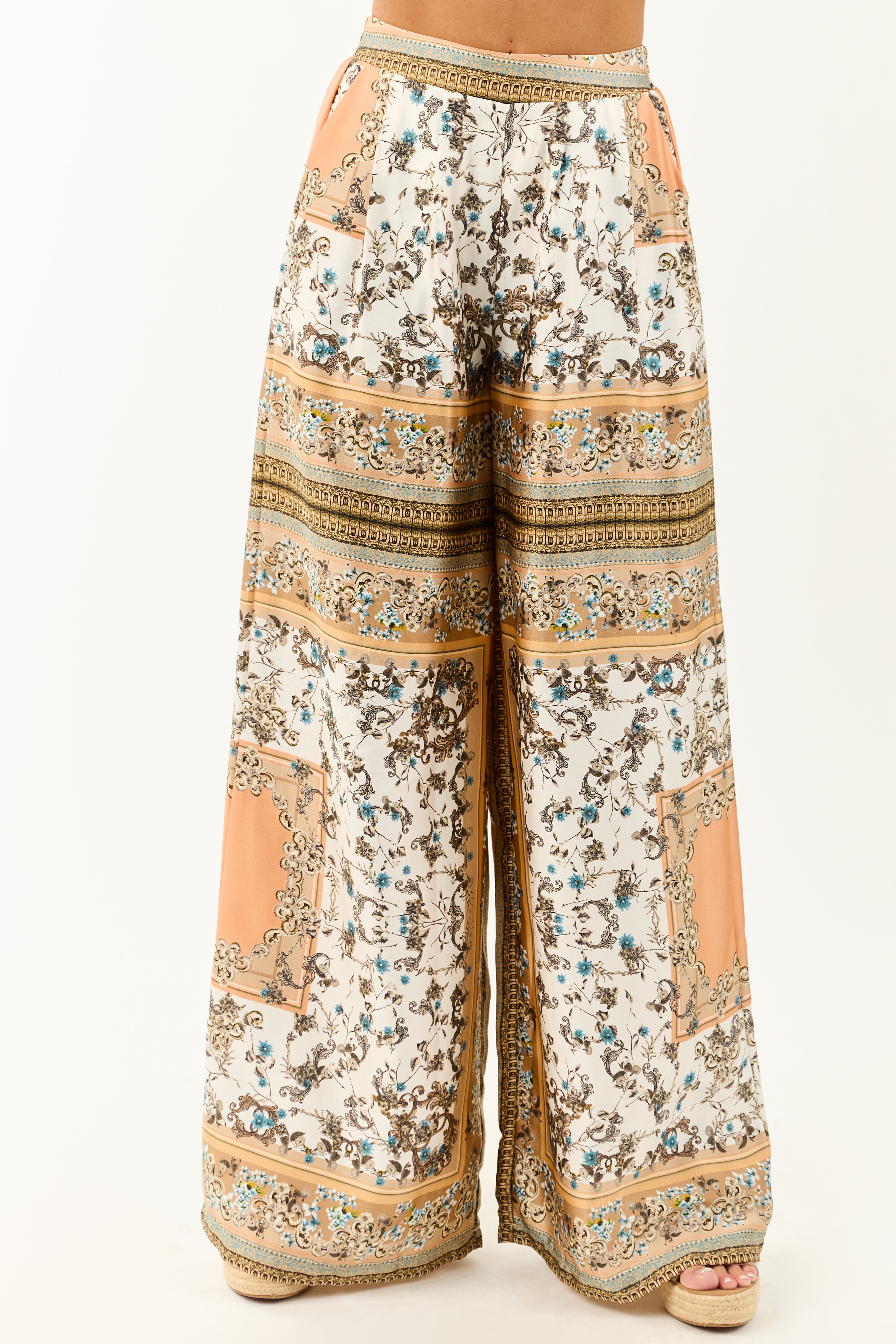 Ivory Scarf Print Satin Flowy Wide Leg Pants
