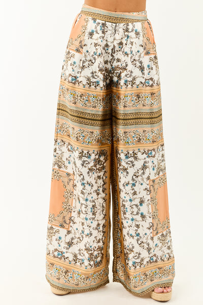 Ivory Scarf Print Satin Flowy Wide Leg Pants
