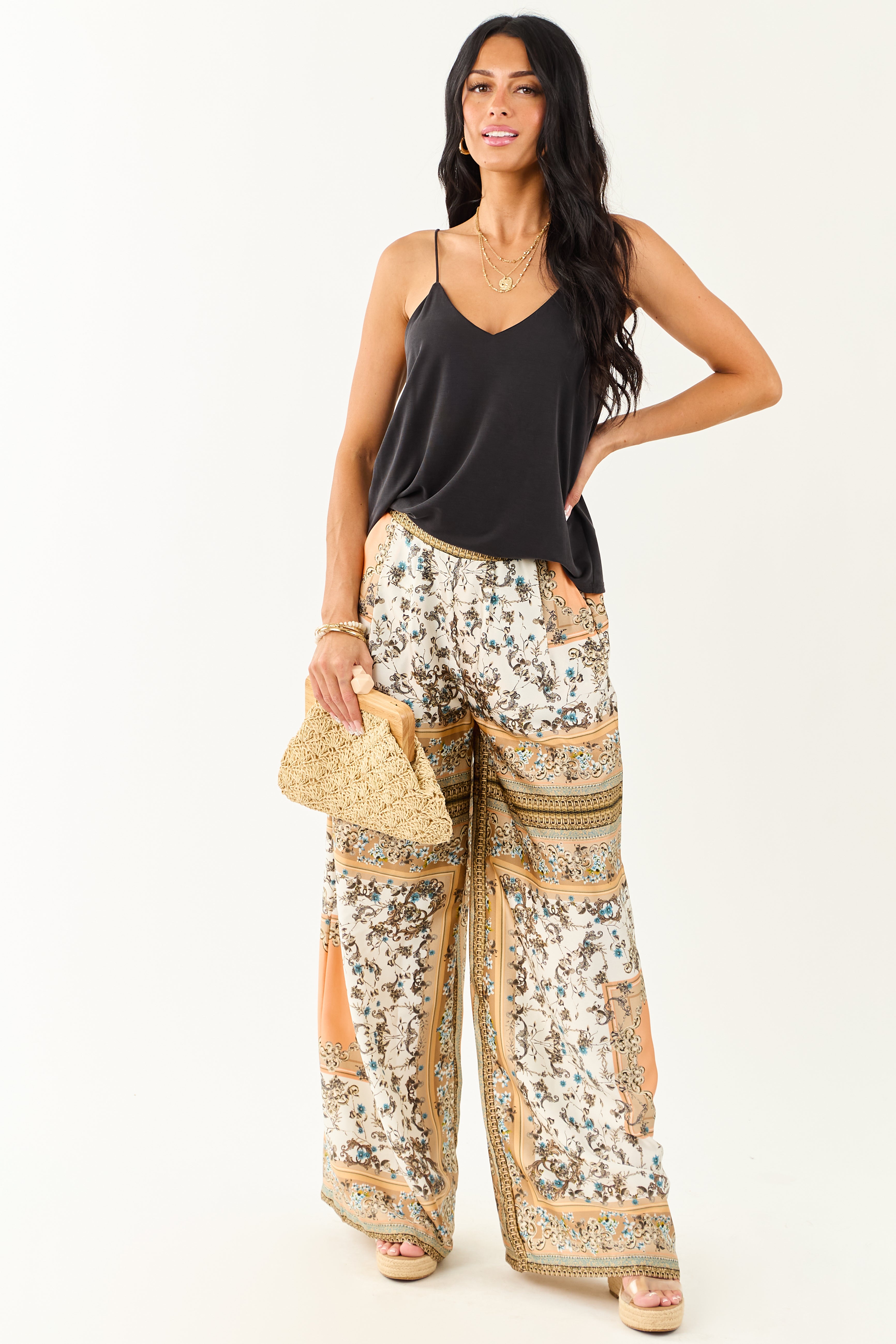 Ivory Scarf Print Satin Flowy Wide Leg Pants