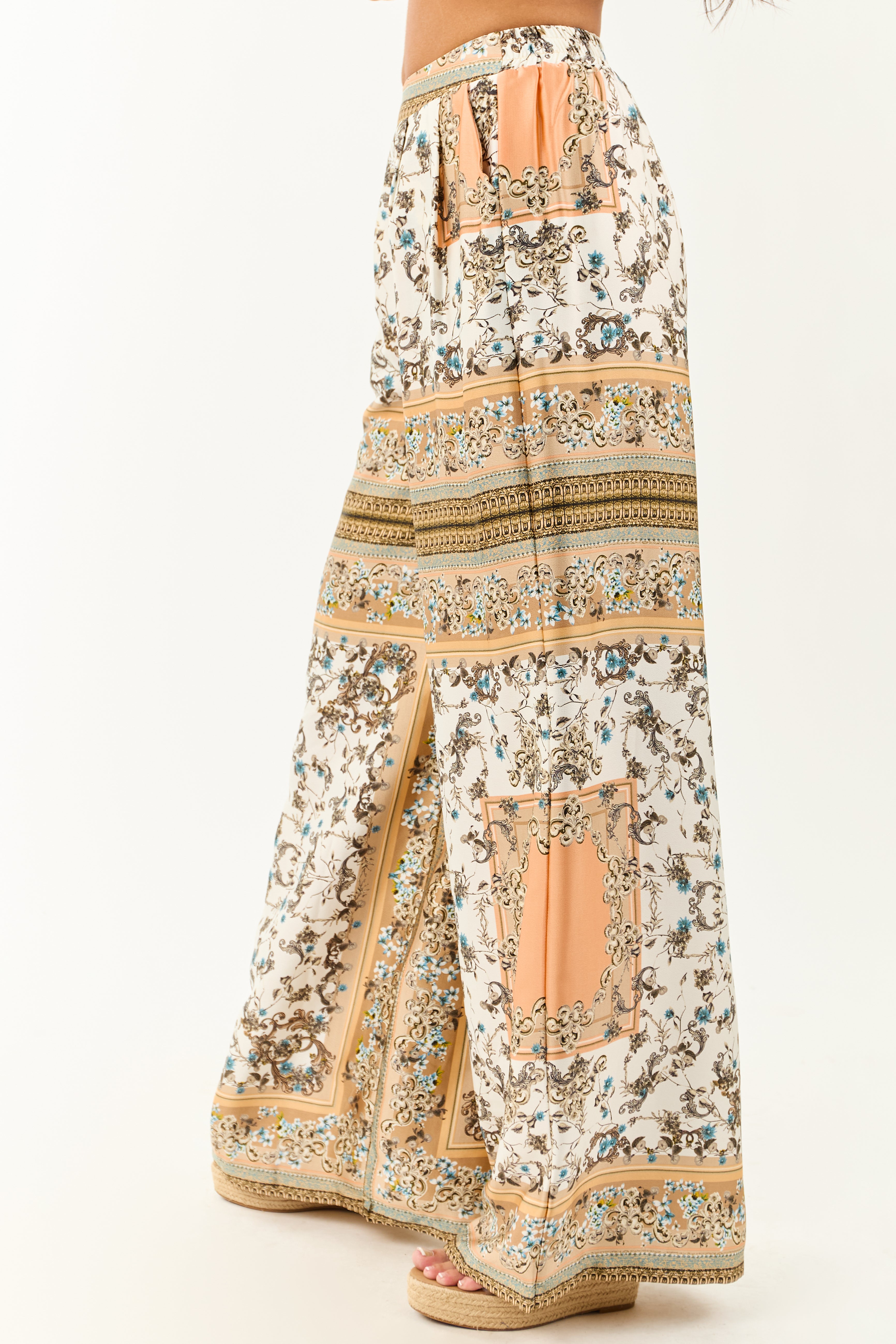 Ivory Scarf Print Satin Flowy Wide Leg Pants