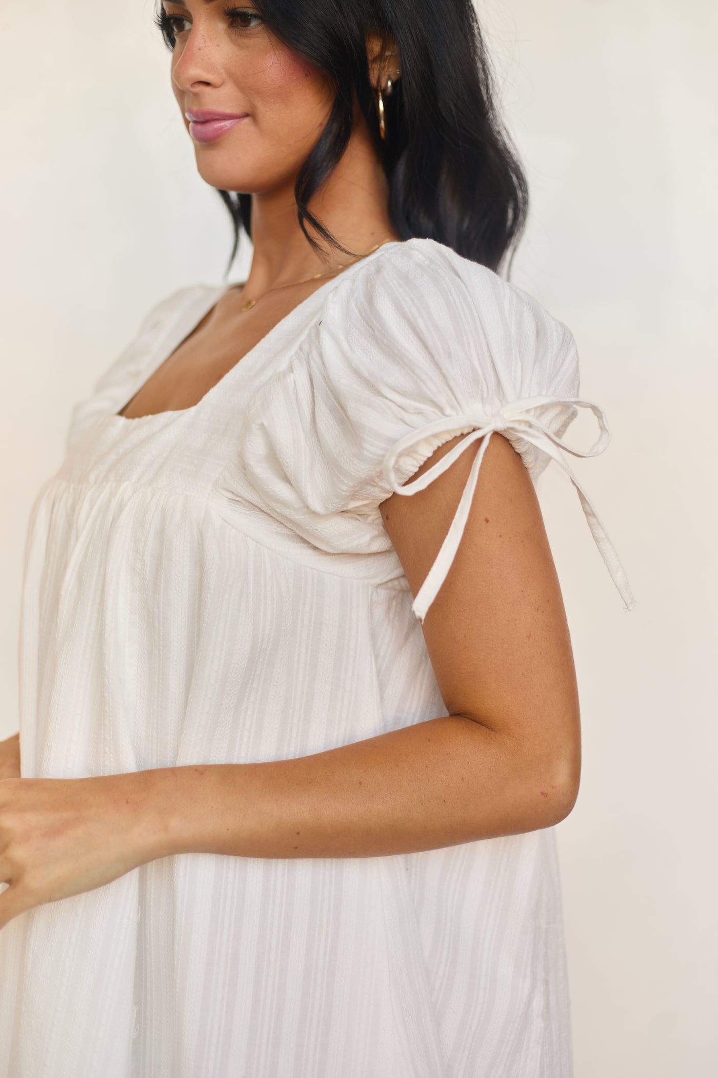 Ivory Short Puff Sleeve Flowy Cotton Mini Dress