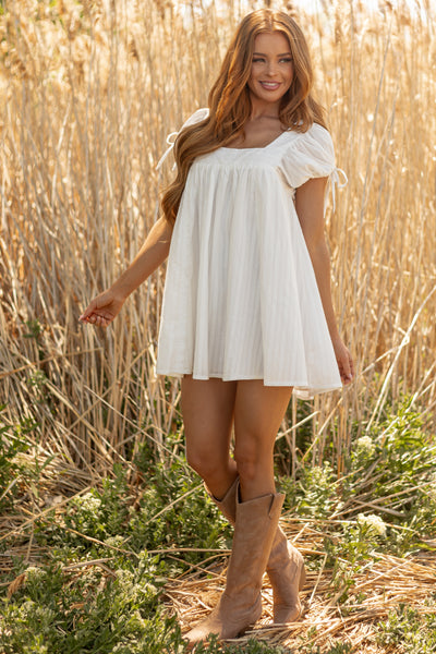 Ivory Short Puff Sleeve Flowy Cotton Mini Dress
