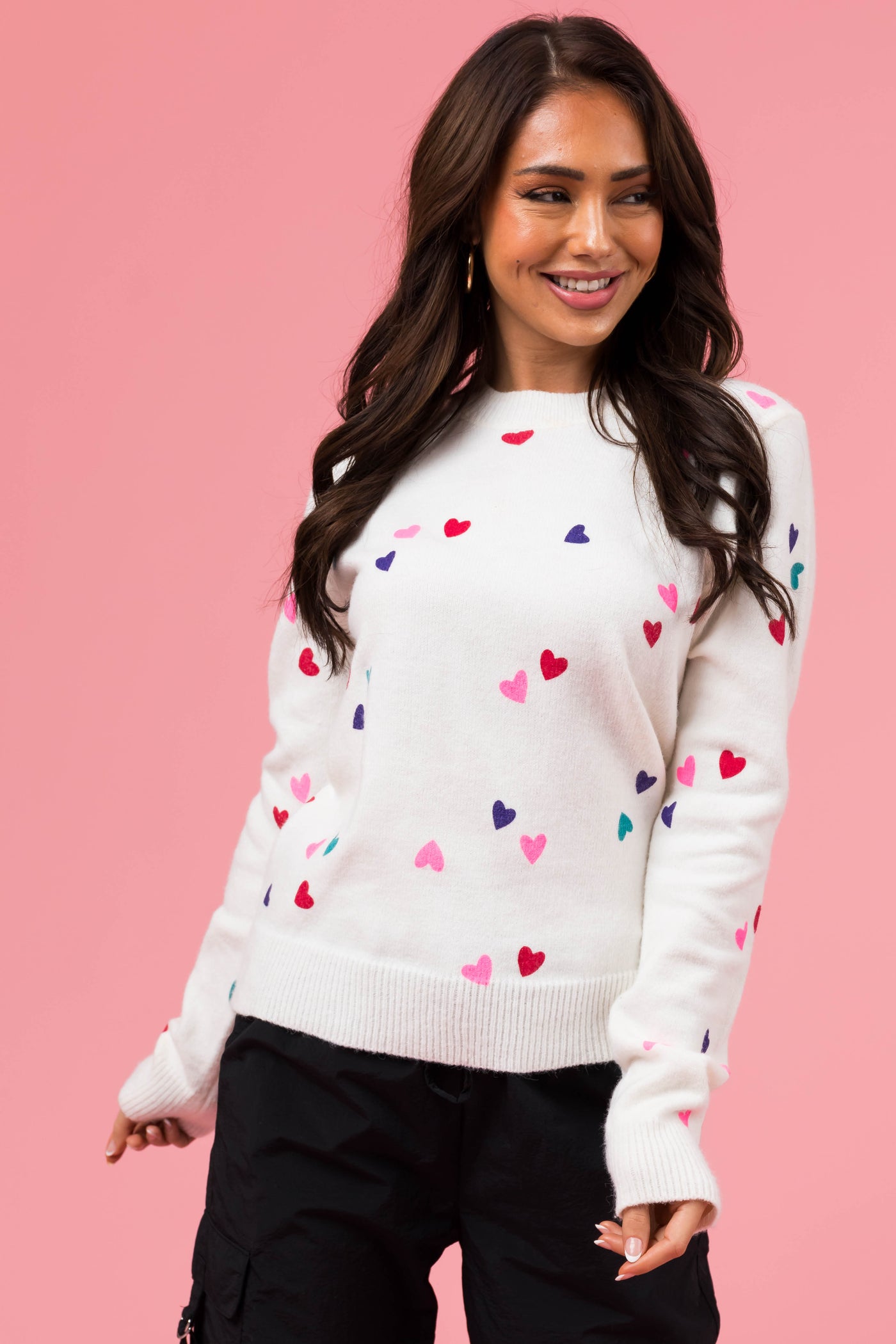 Ivory Small Hearts Pattern Long Sleeve Sweater | Lime Lush