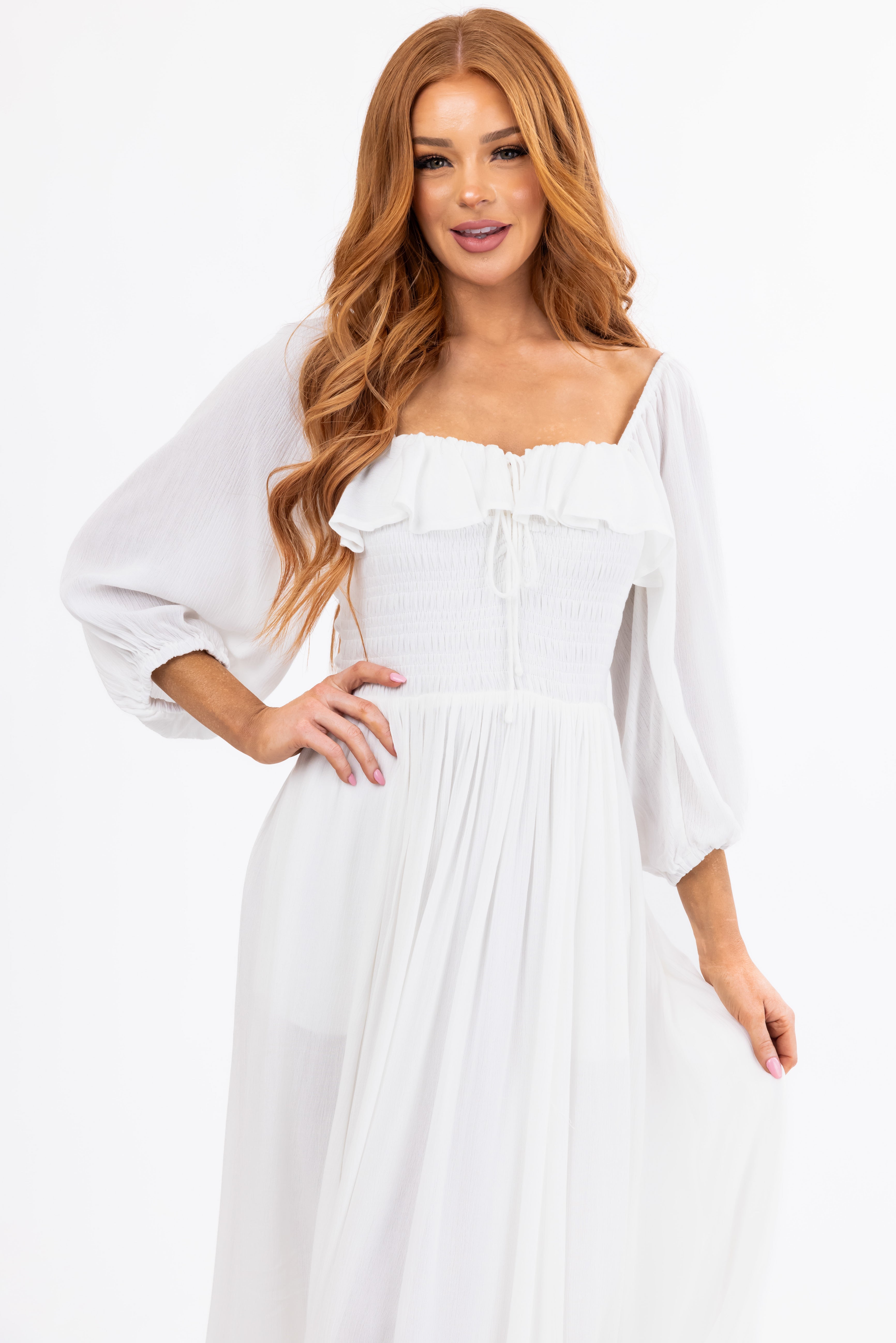 Ivory Smocked Top 3/4 Sleeve Midi Dress | Lime Lush Boutique