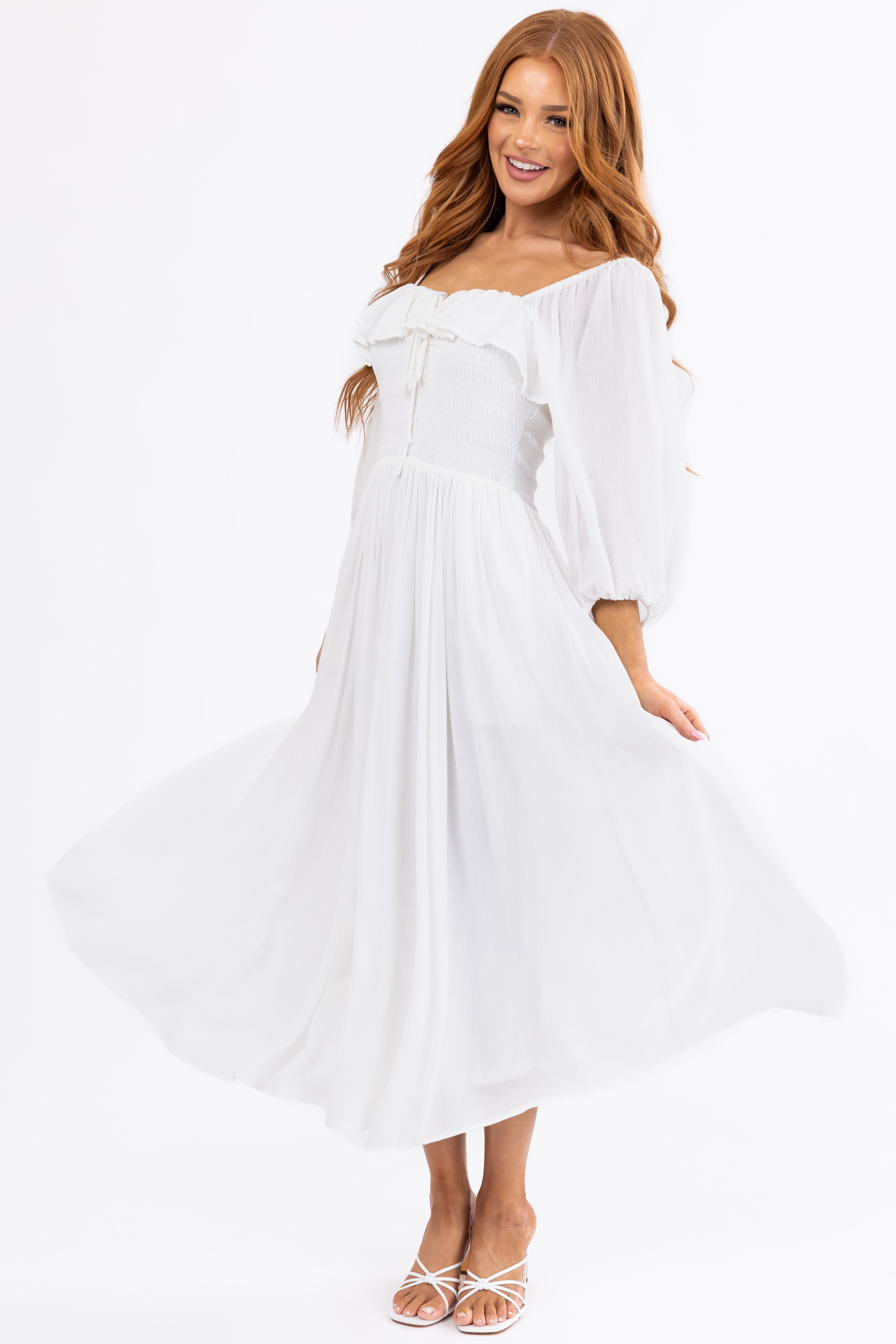 Ivory Smocked Top 3/4 Sleeve Midi Dress Ivory Smocked Top 3/4 Sleeve Midi Dress
