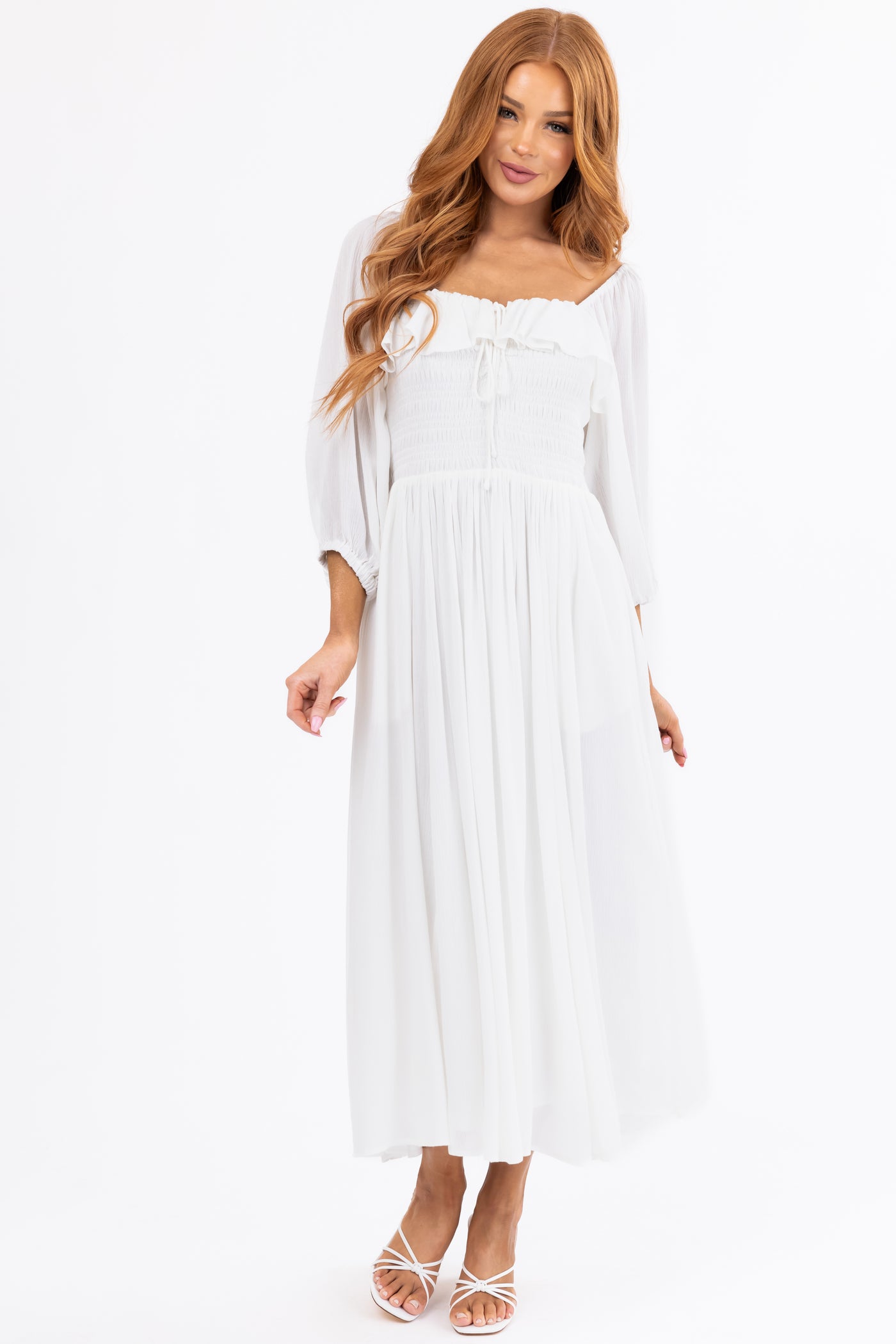 Ivory Smocked Top 3/4 Sleeve Midi Dress | Lime Lush Boutique Ivory Smocked Top 3/4 Sleeve Midi Dress | Lime Lush Boutique