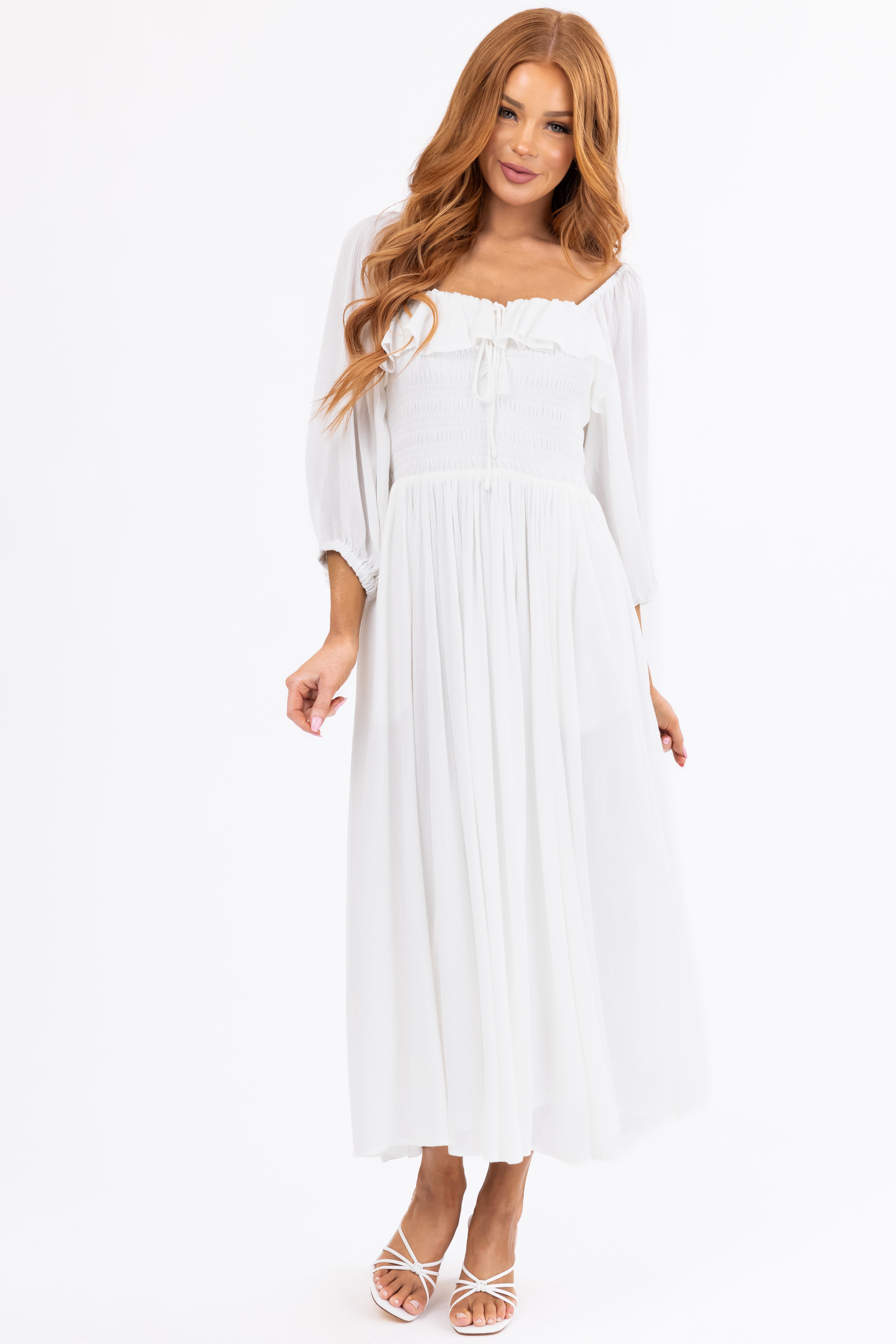 Ivory Smocked Top 3/4 Sleeve Midi Dress Ivory Smocked Top 3/4 Sleeve Midi Dress