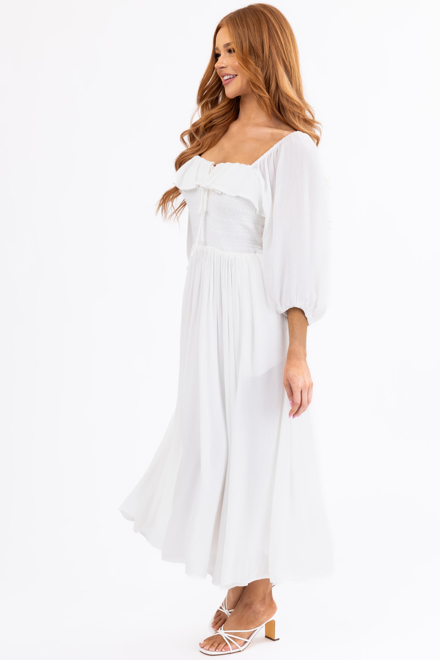 Ivory Smocked Top 3/4 Sleeve Midi Dress