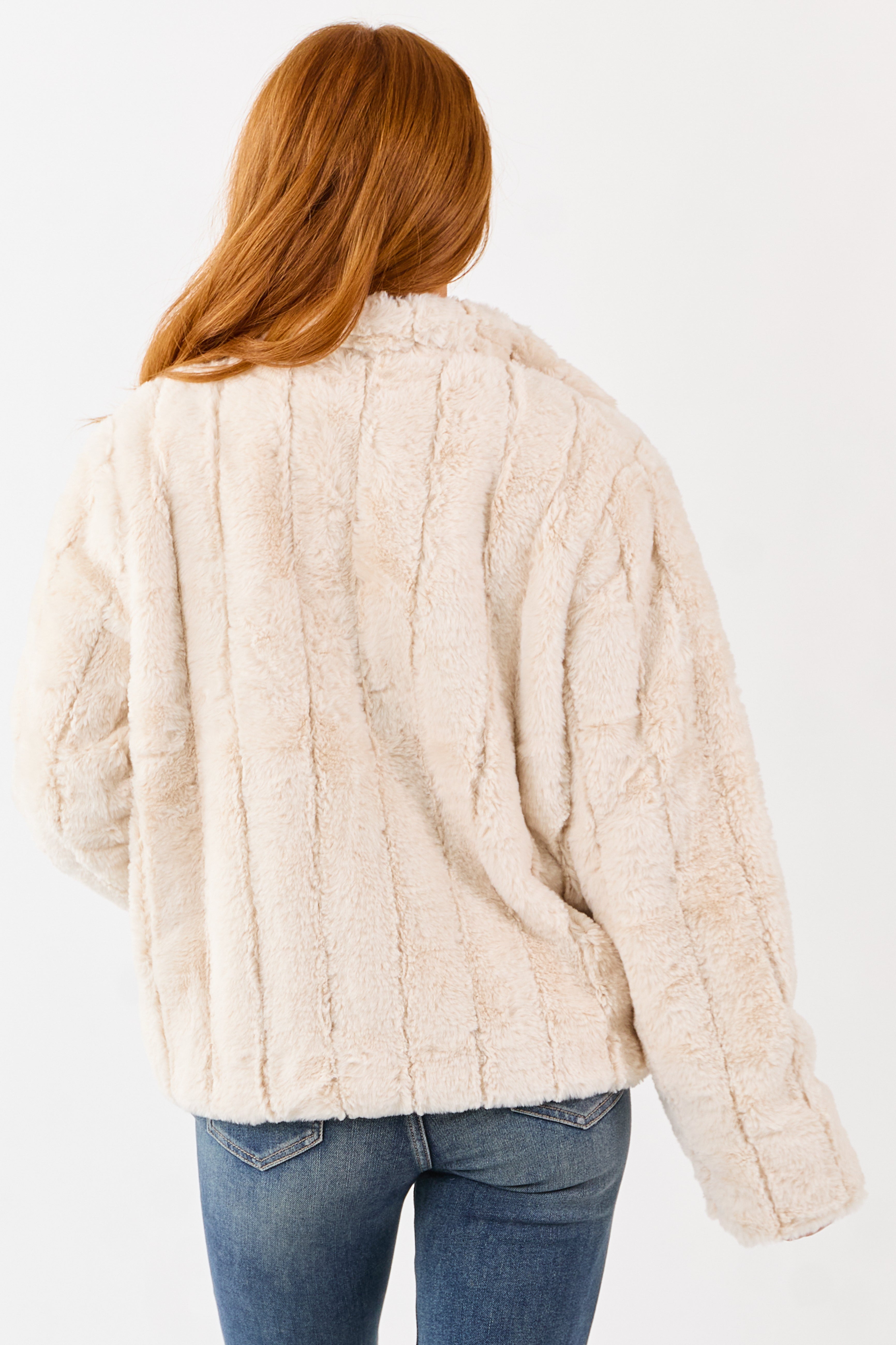 Ivory Soft Faux Fur Hook Closure Collared Jacket