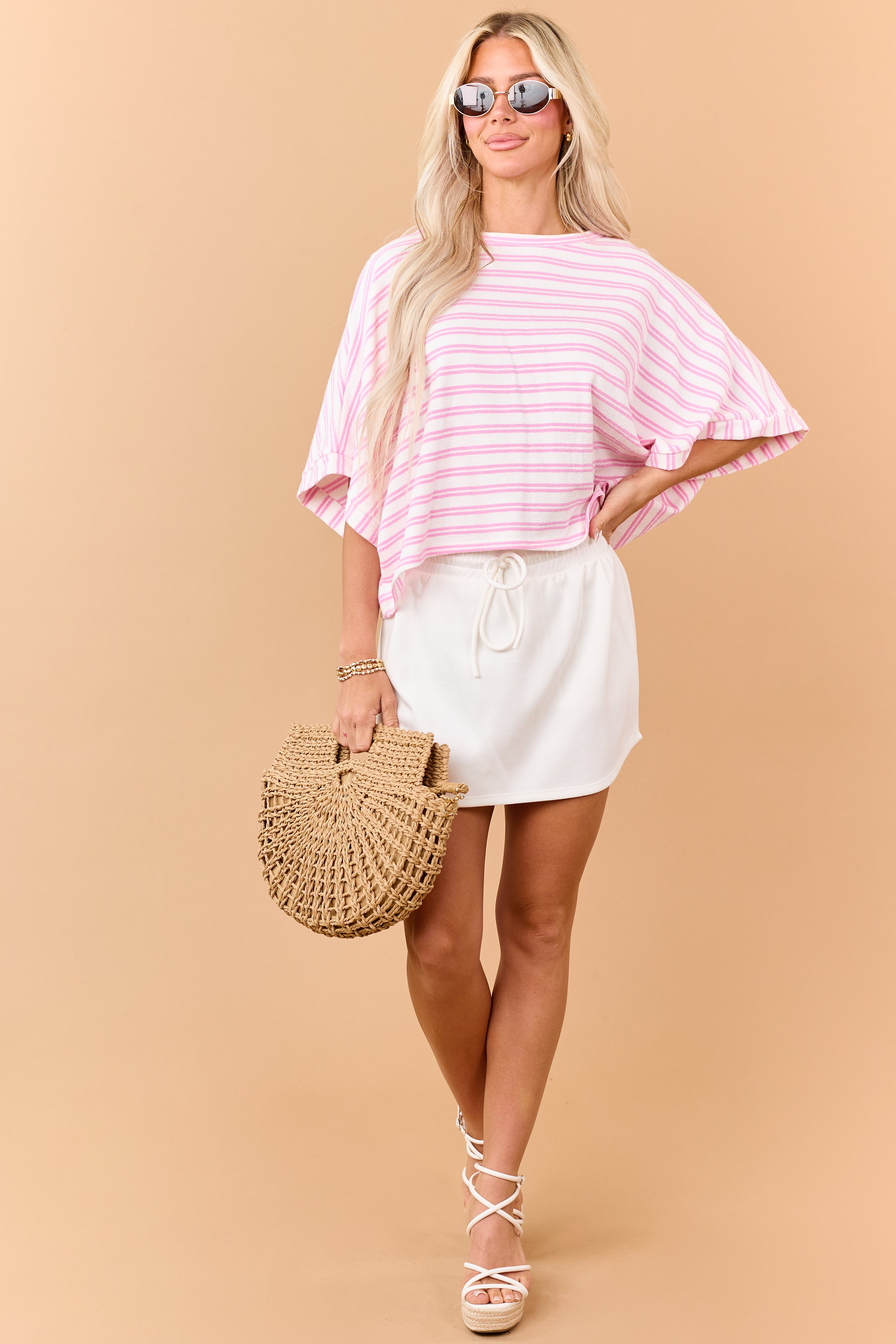 Ivory Soft Knit Drawstring Waist Mini Skort