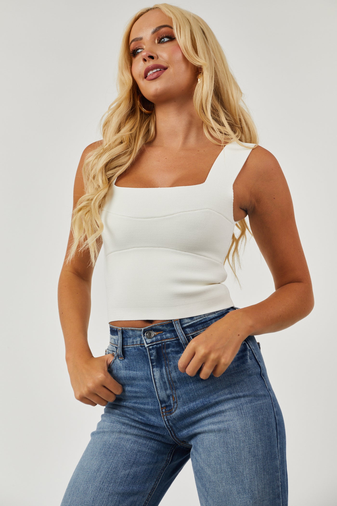 Ivory Square Neck Thick Knit Tank Top