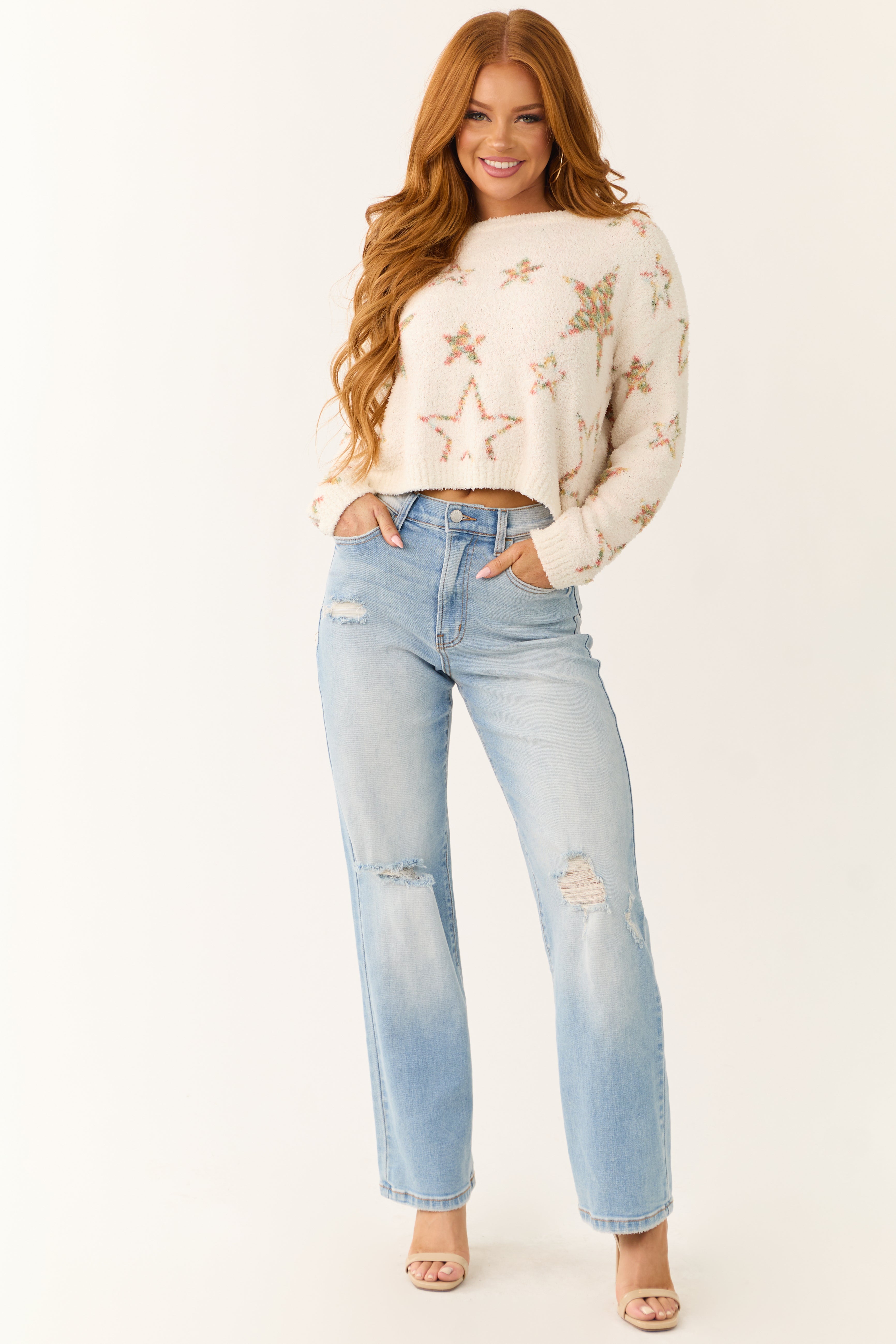 Ivory Star Pattern Fuzzy Knit Sweater