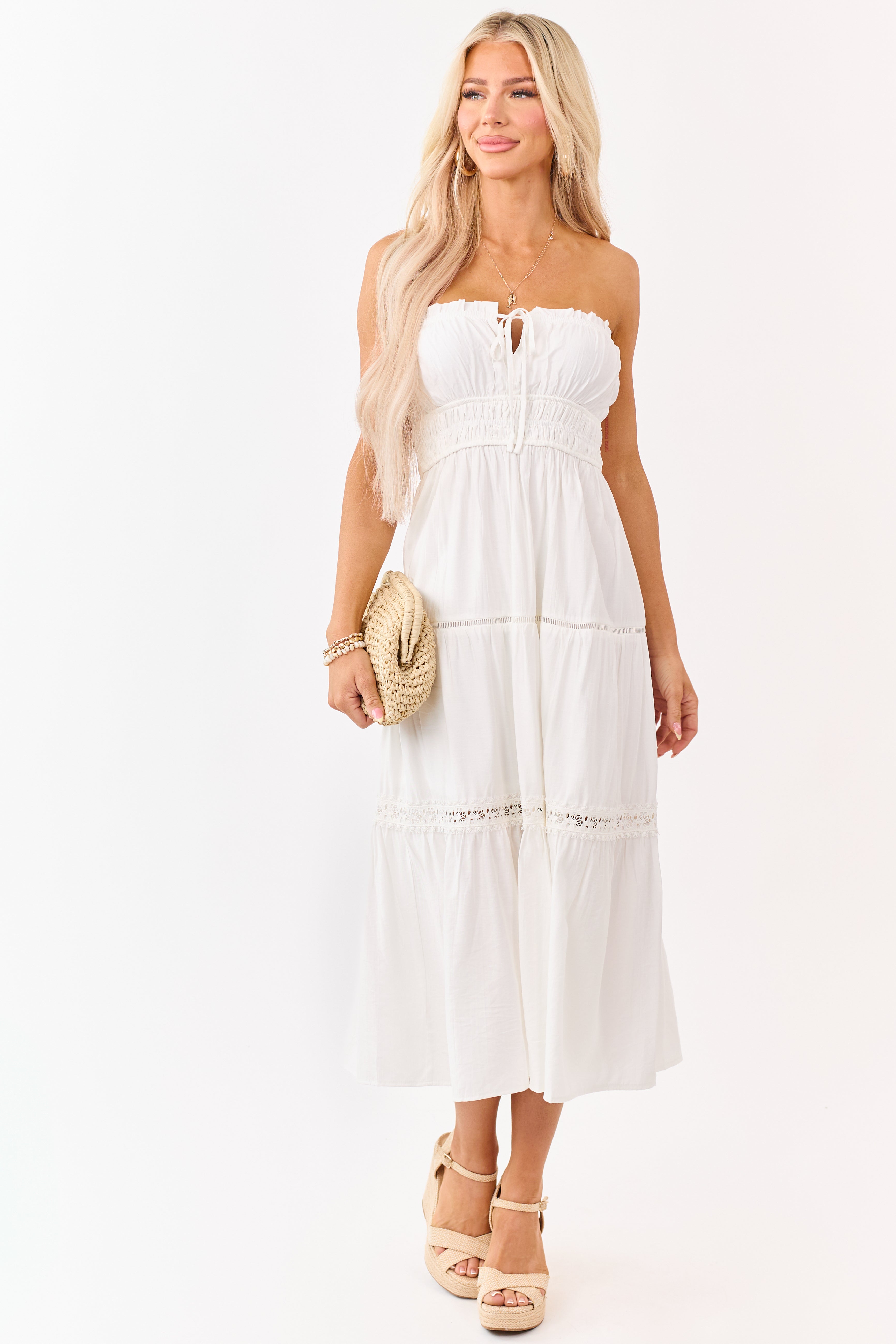 Ivory Strapless Tiered Lace Shirred Waist Midi Dress