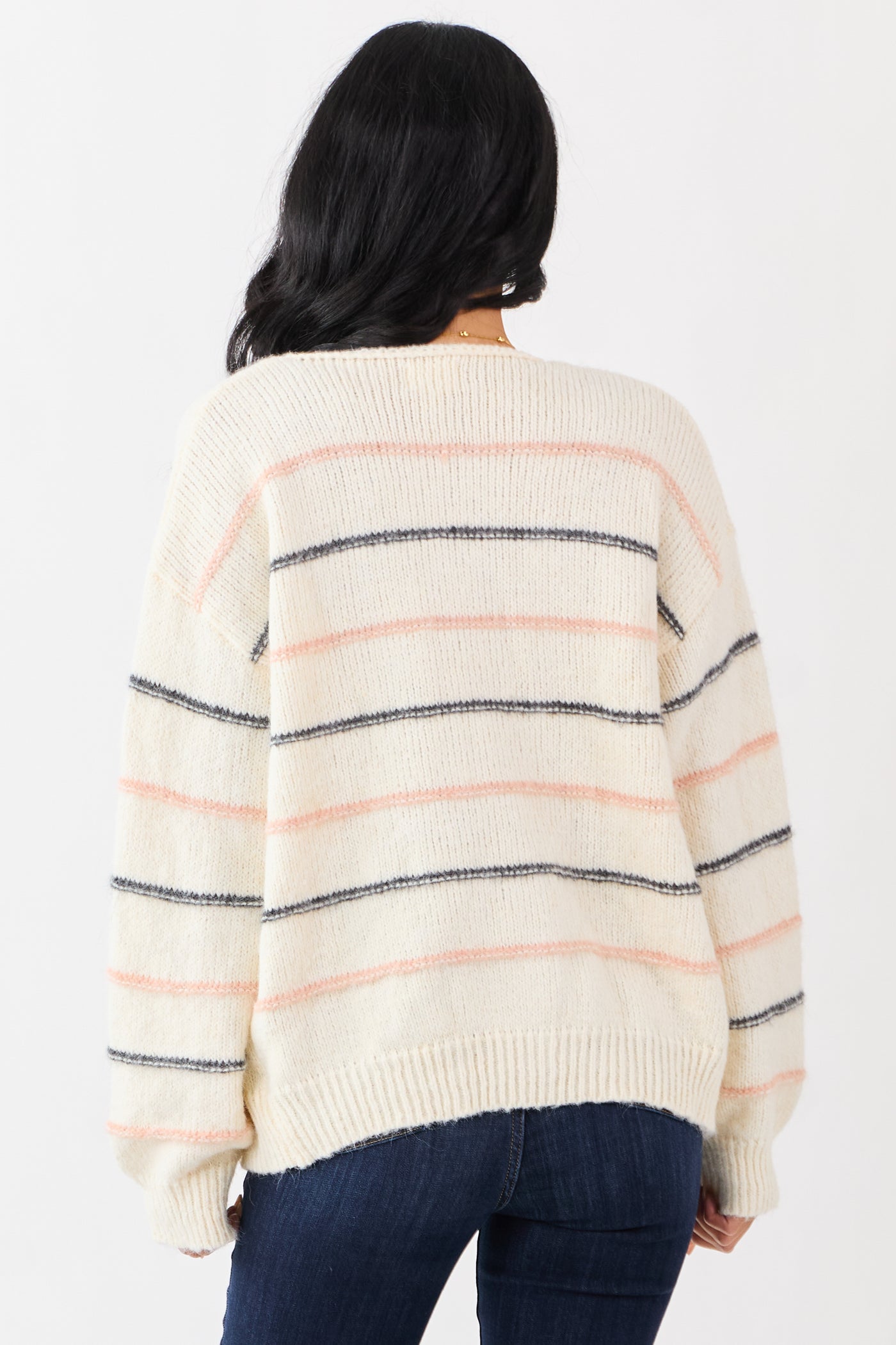 Ivory Striped Fuzzy Wool Blend Open Front Cardigan