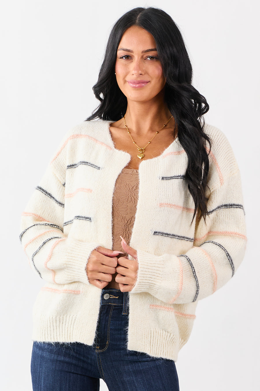 Ivory Striped Fuzzy Wool Blend Open Front Cardigan