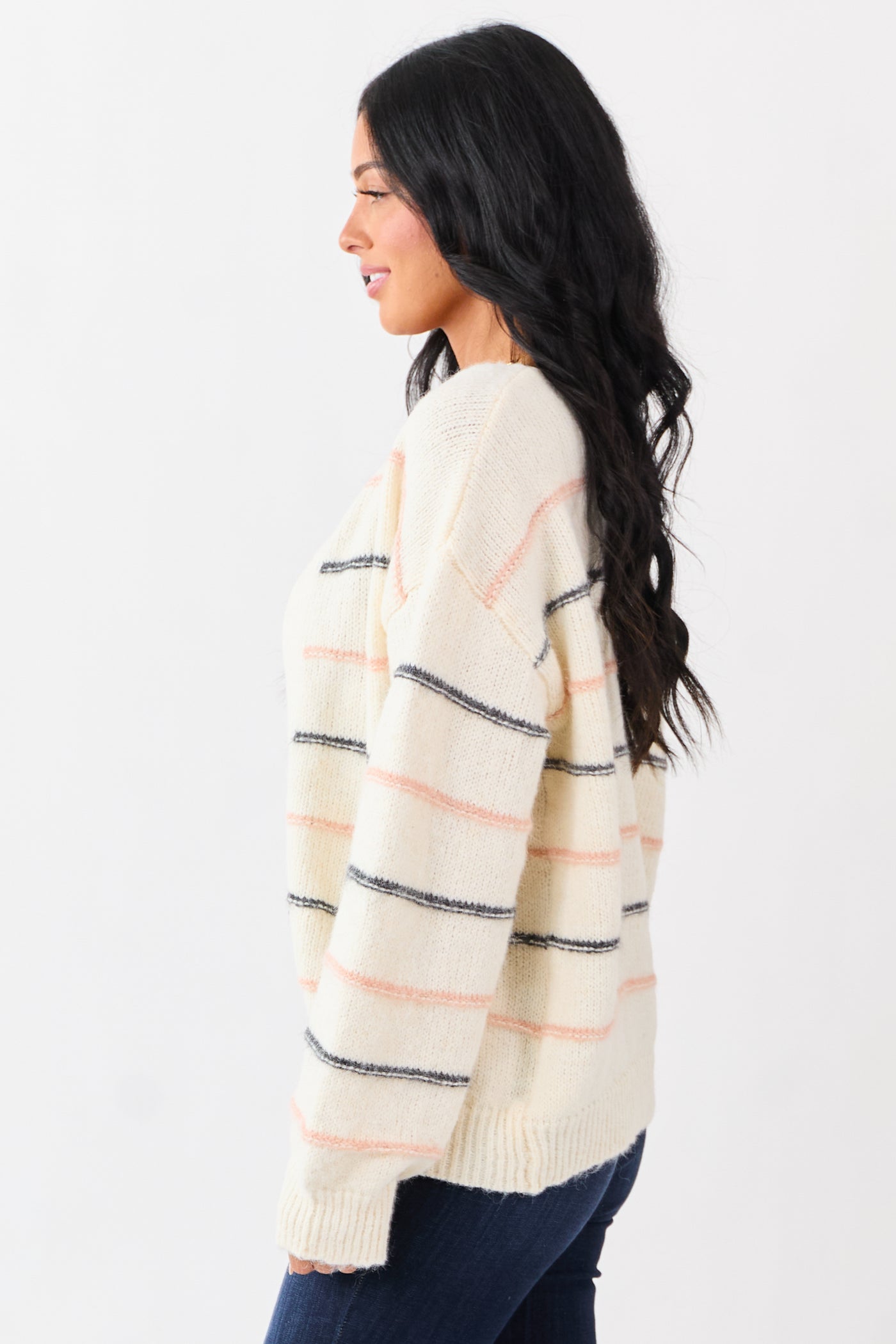 Ivory Striped Fuzzy Wool Blend Open Front Cardigan