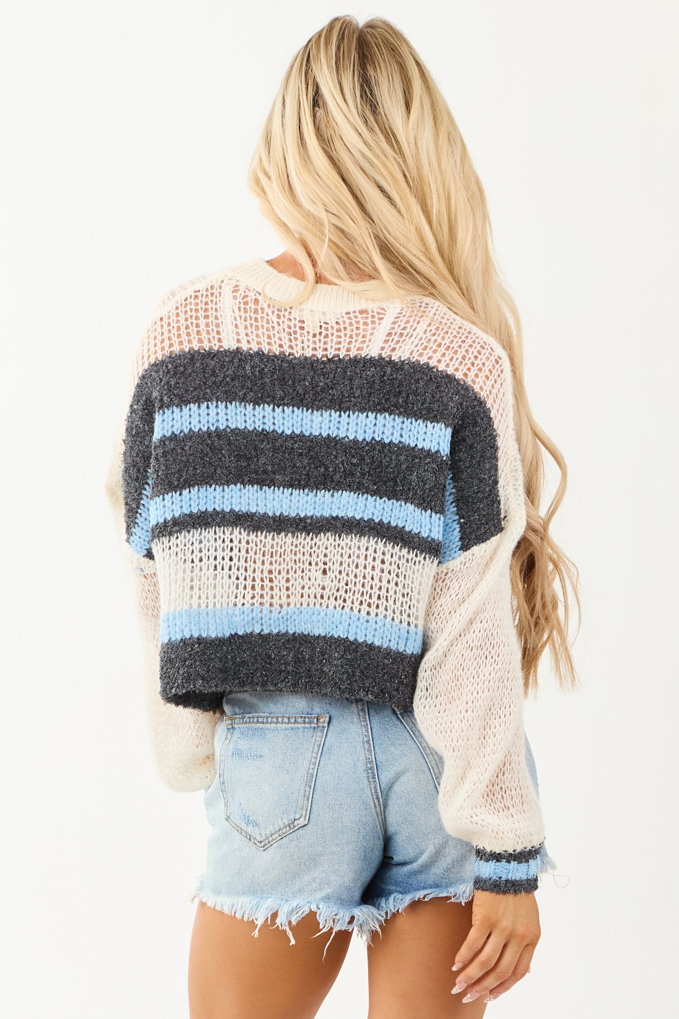 Ivory Striped Long Sleeve Cropped Knit Sweater